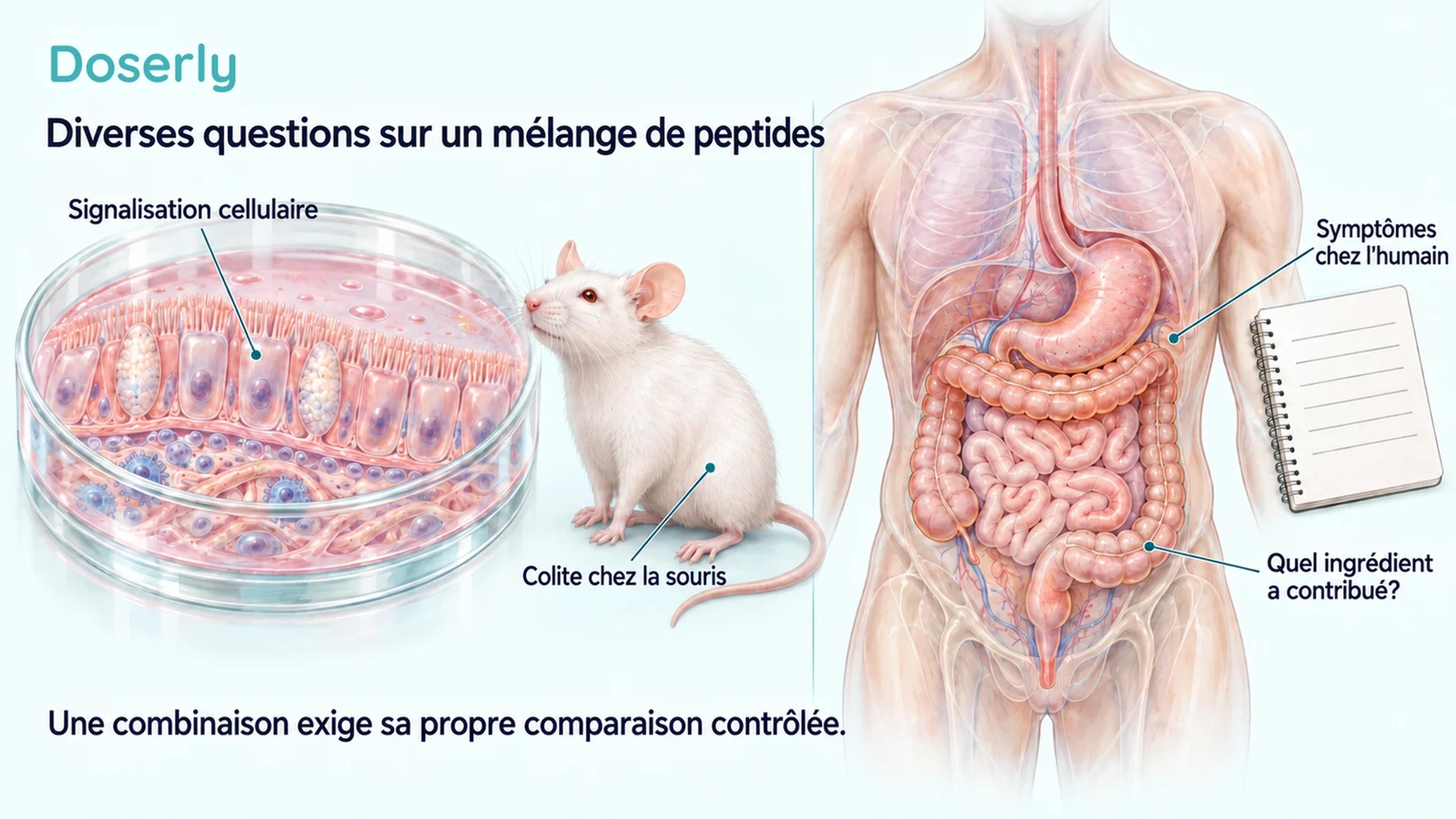 Une culture détaillée de cellules épithéliales, une souris de laboratoire entière et l’anatomie digestive humaine distinguent les résultats expérimentaux de l’identification des effets d’un mélange chez l’humain.