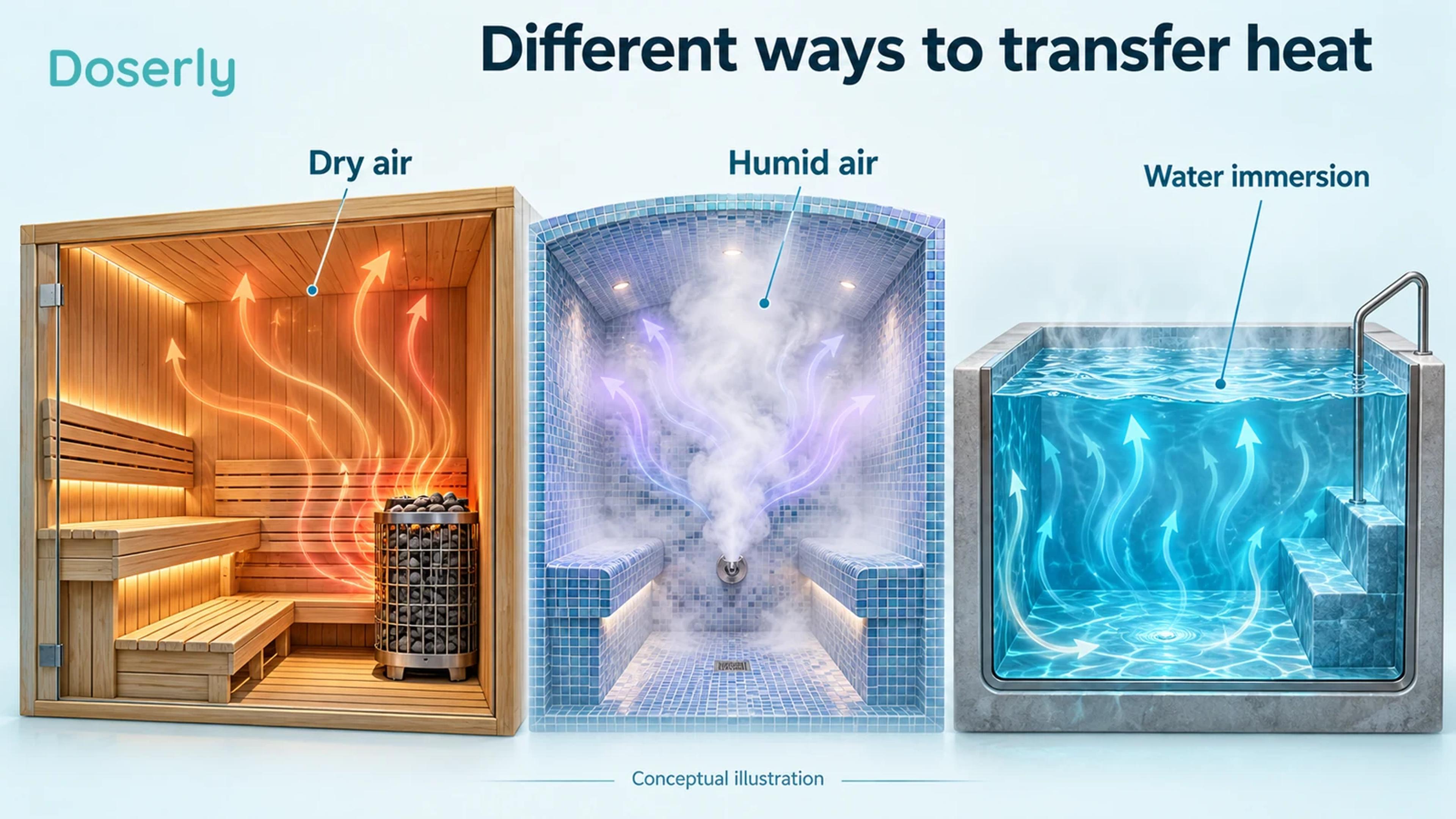 Dry sauna, steam and immersion shown as separate conceptual heat-transfer environments.