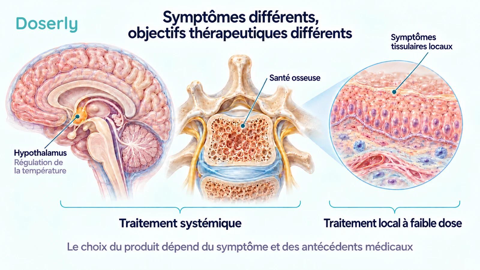 Illustrations conceptuelles détaillées du cerveau, de l’os vertébral et du tissu épithélial montrant les différentes cibles des hormonothérapies systémiques et locales à faible dose.
