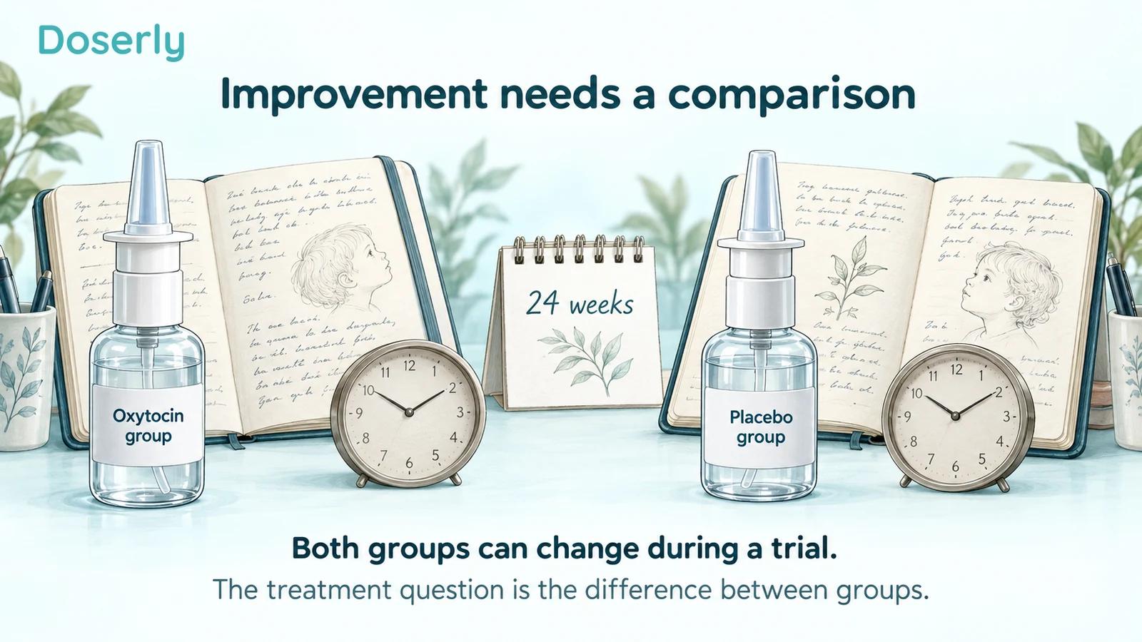 Matched conceptual oxytocin and placebo spray devices beside observation notebooks, clocks, and a calendar marked 24 weeks.