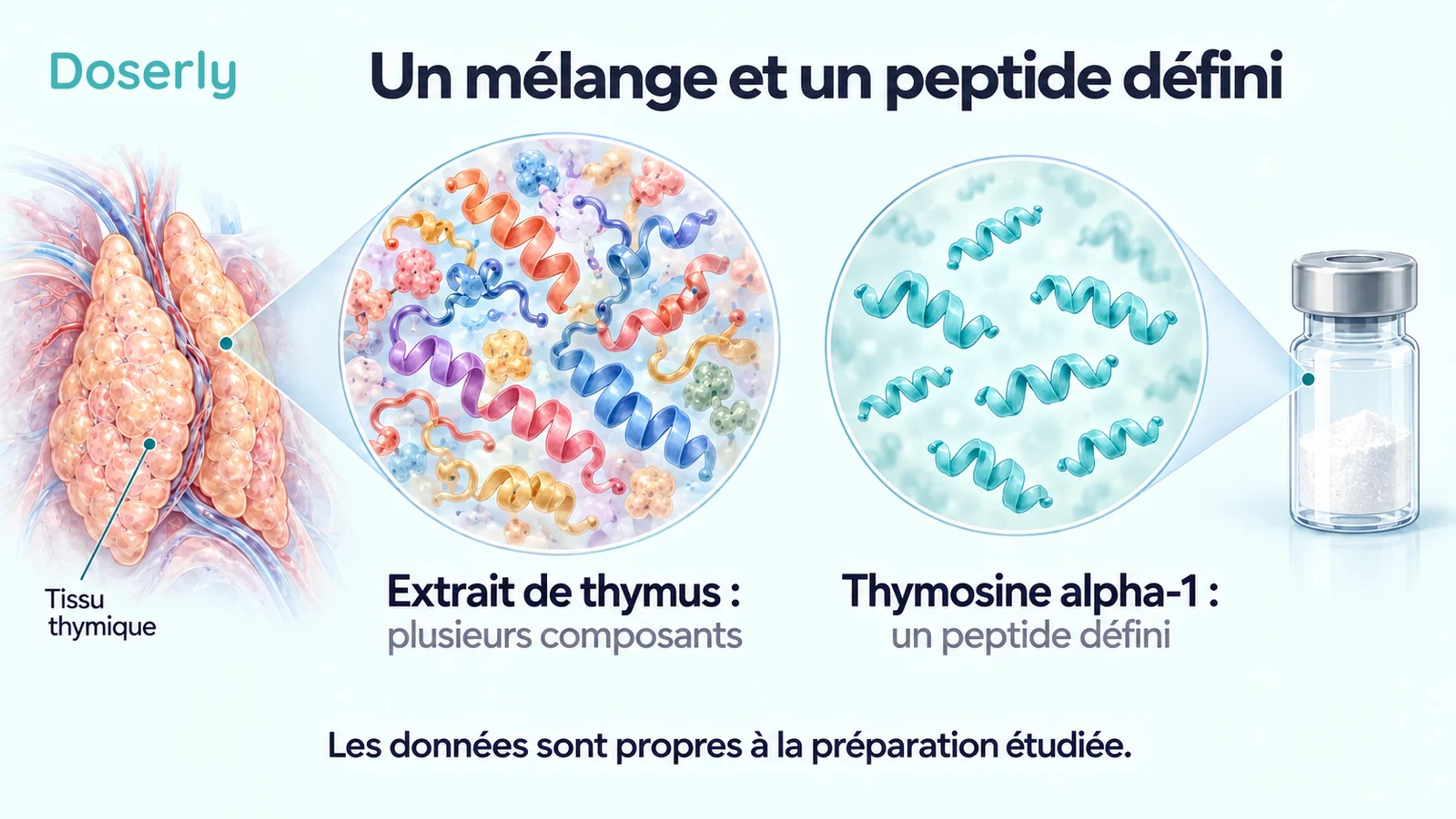 Différentes formes conceptuelles de peptides représentent un extrait de thymus, à côté de formes identiques répétées représentant un peptide défini.