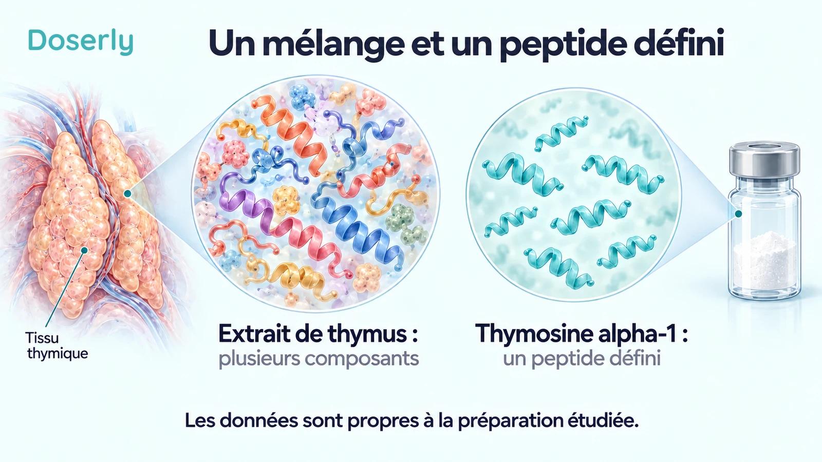 Différentes formes conceptuelles de peptides représentent un extrait de thymus, à côté de formes identiques répétées représentant un peptide défini.