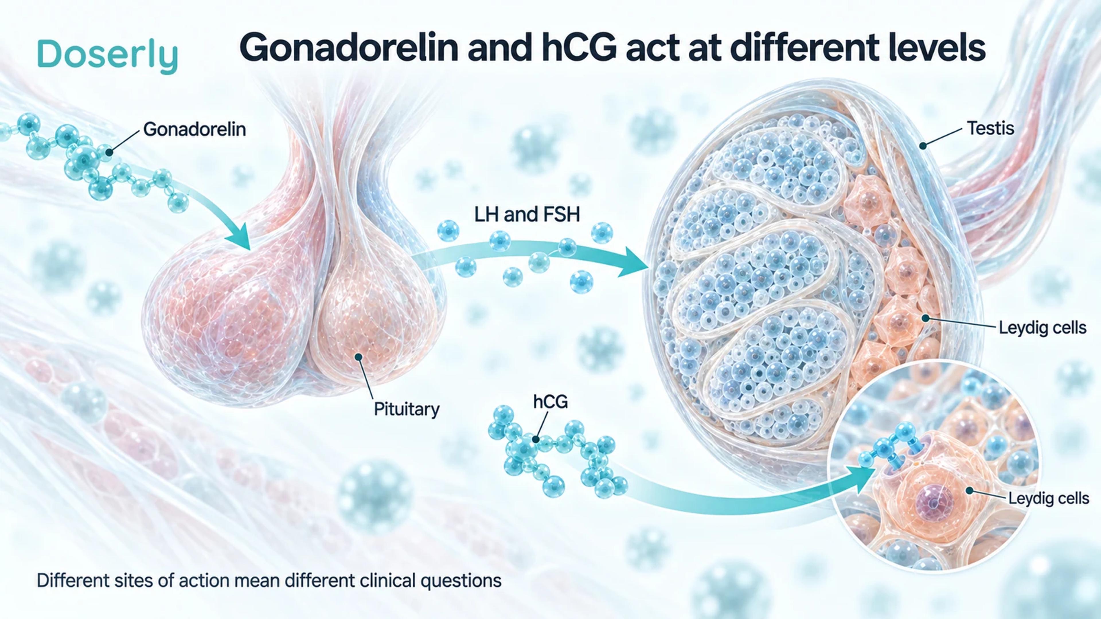 Gonadorelin signals toward an isolated pituitary gland, while hCG follows a separate arrow directly to Leydig cells beside testicular sperm-producing tissue.