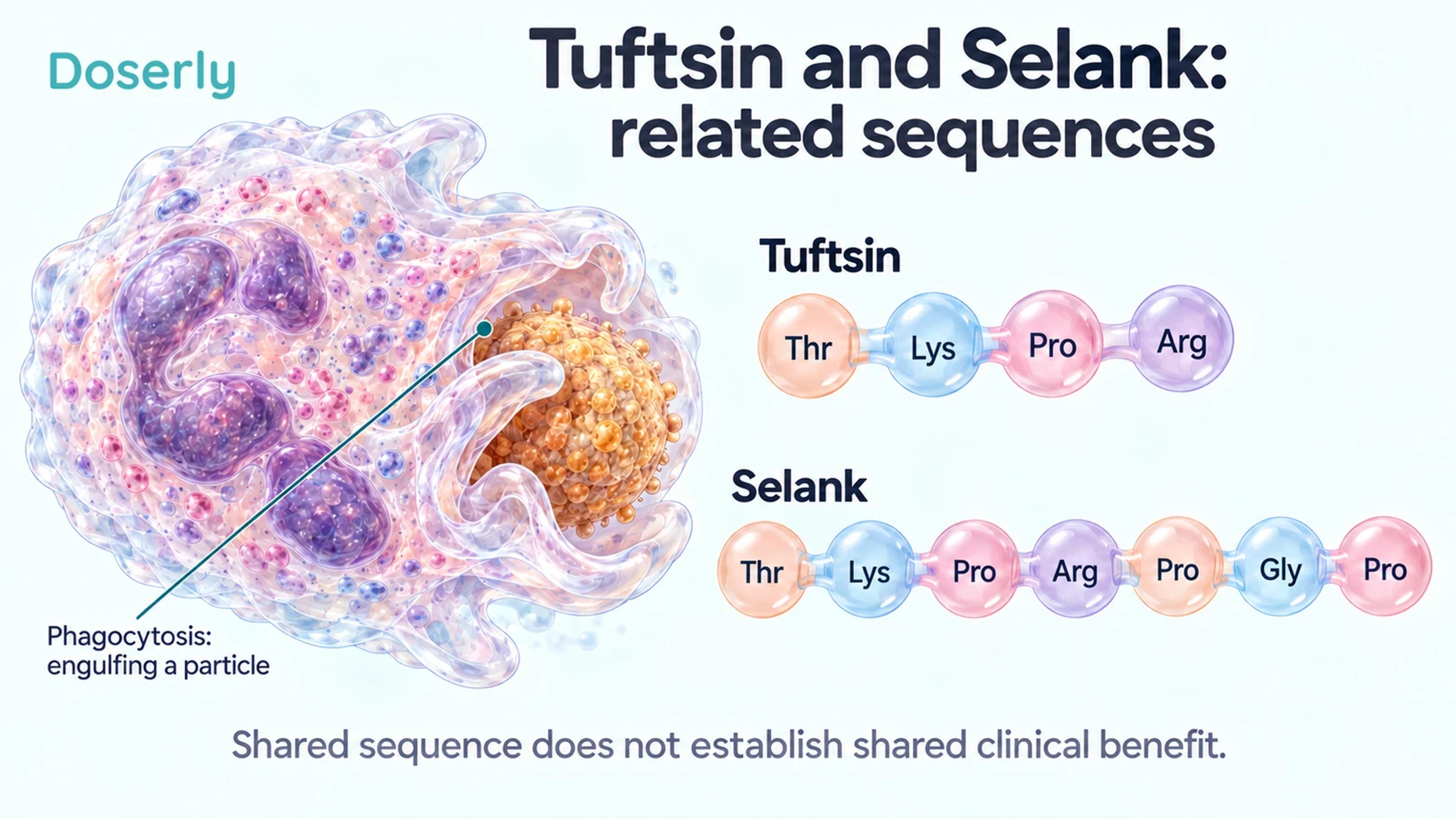 A neutrophil engulfing a particle beside the four-amino-acid tuftsin sequence and seven-amino-acid Selank sequence.