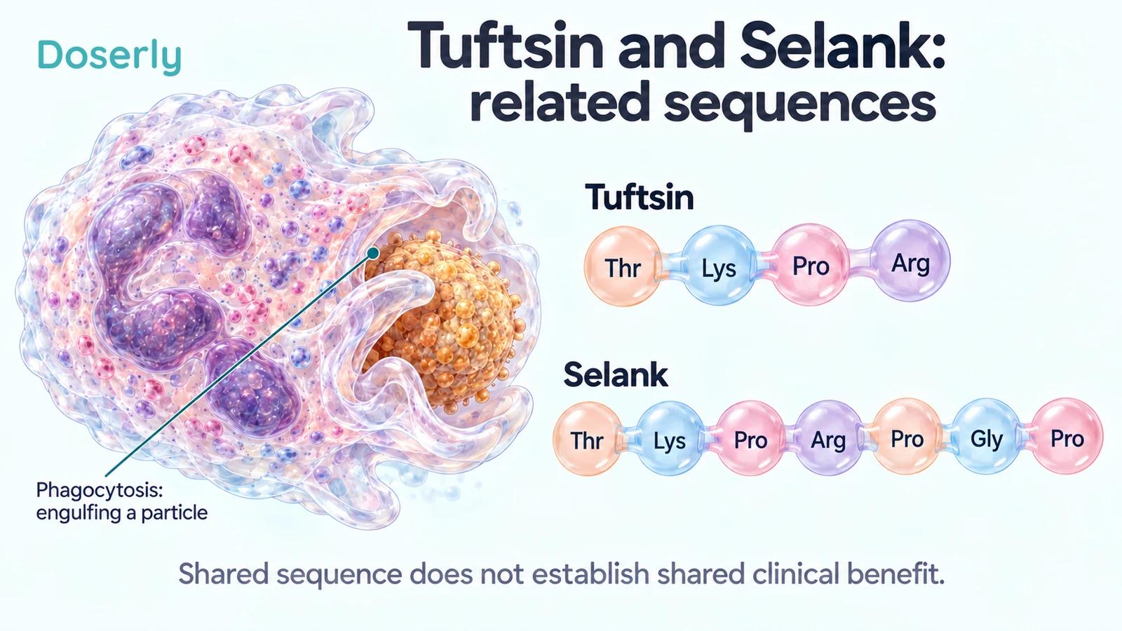 A neutrophil engulfing a particle beside the four-amino-acid tuftsin sequence and seven-amino-acid Selank sequence.