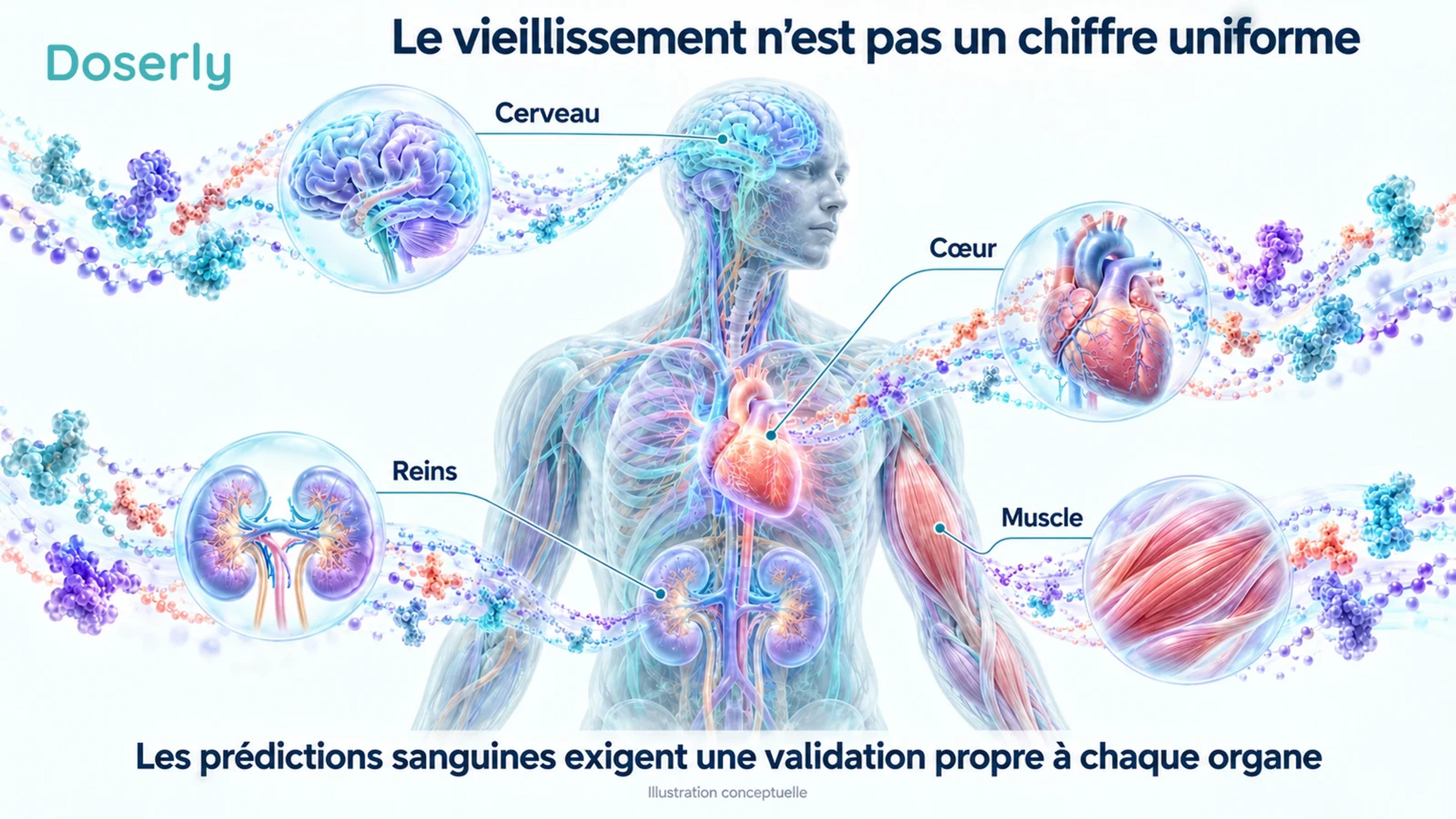 Anatomie adulte translucide avec des vues distinctes du cerveau, du cœur, des reins et des muscles squelettiques