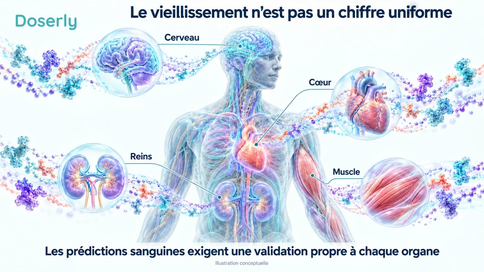 Anatomie adulte translucide avec des vues distinctes du cerveau, du cœur, des reins et des muscles squelettiques
