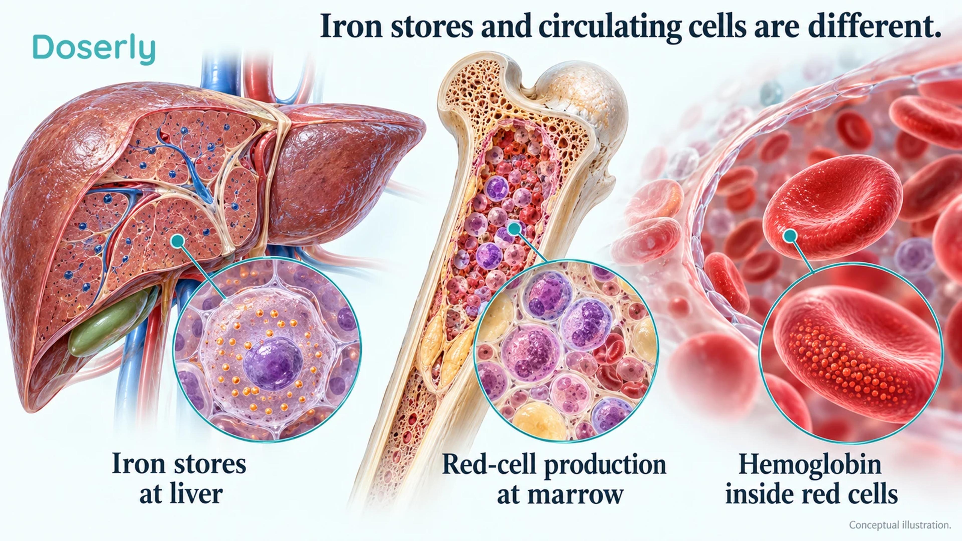 A translucent liver, marrow cutaway and red blood cells distinguish stored iron from iron already incorporated into circulating cells.