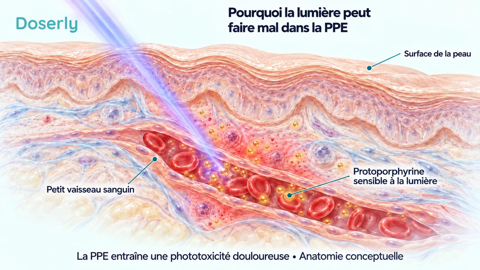 Coupe de la peau montrant la lumière qui atteint un vaisseau sanguin superficiel et la protoporphyrine sensible à la lumière.