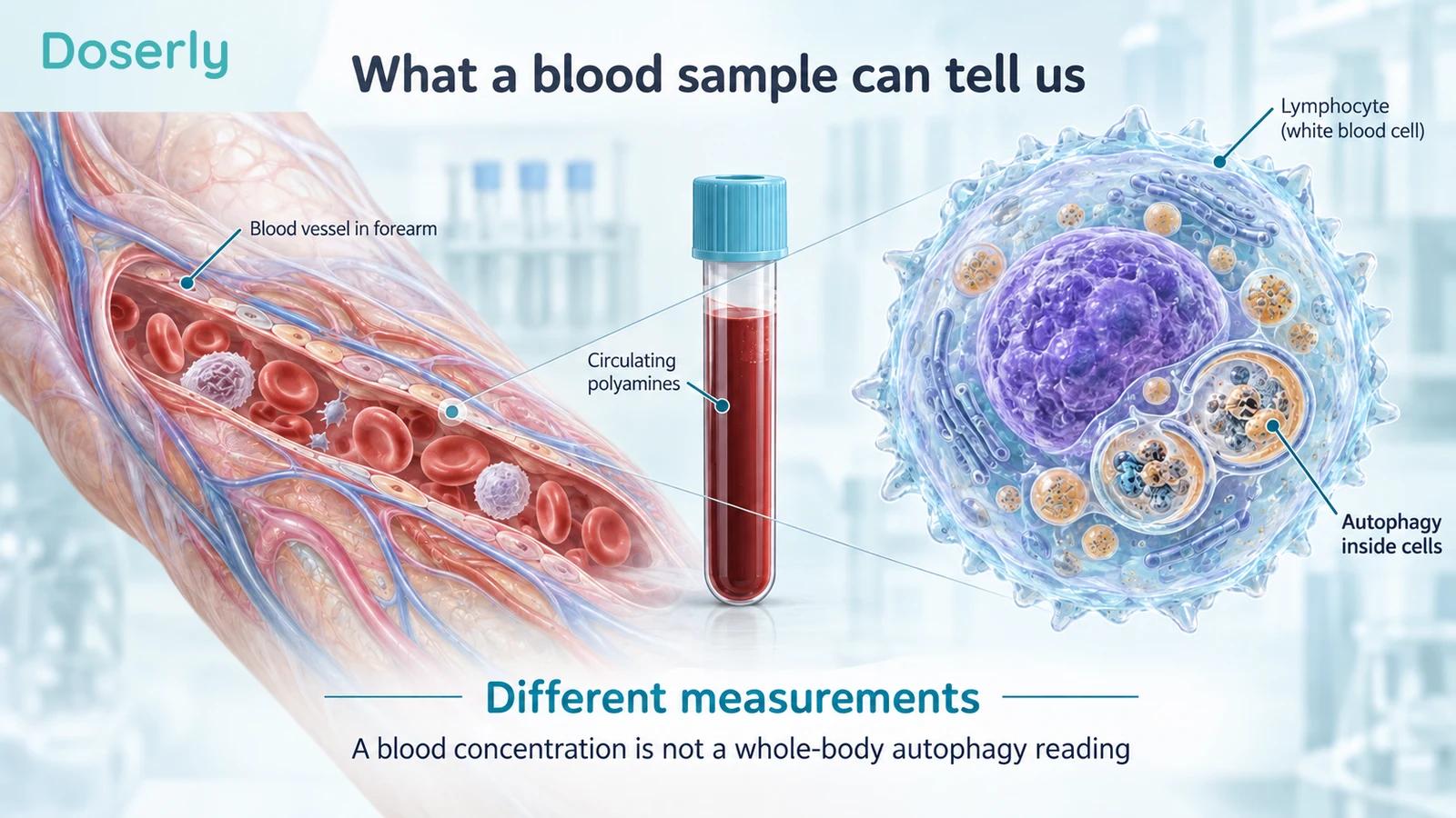 A conceptual forearm vessel and collected blood sample beside an enlarged lymphocyte with intracellular recycling compartments.