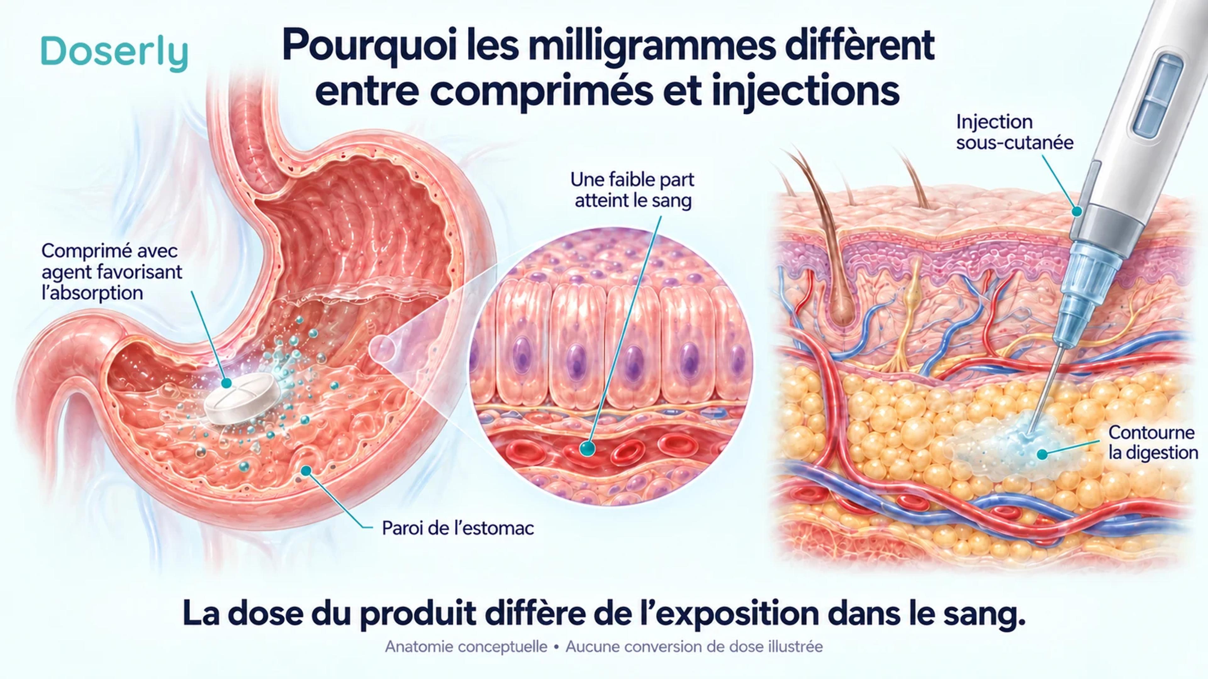 Une vue en coupe de l’estomac et une coupe distincte de la peau comparent l’absorption du sémaglutide oral à son administration dans le tissu adipeux sous-cutané.