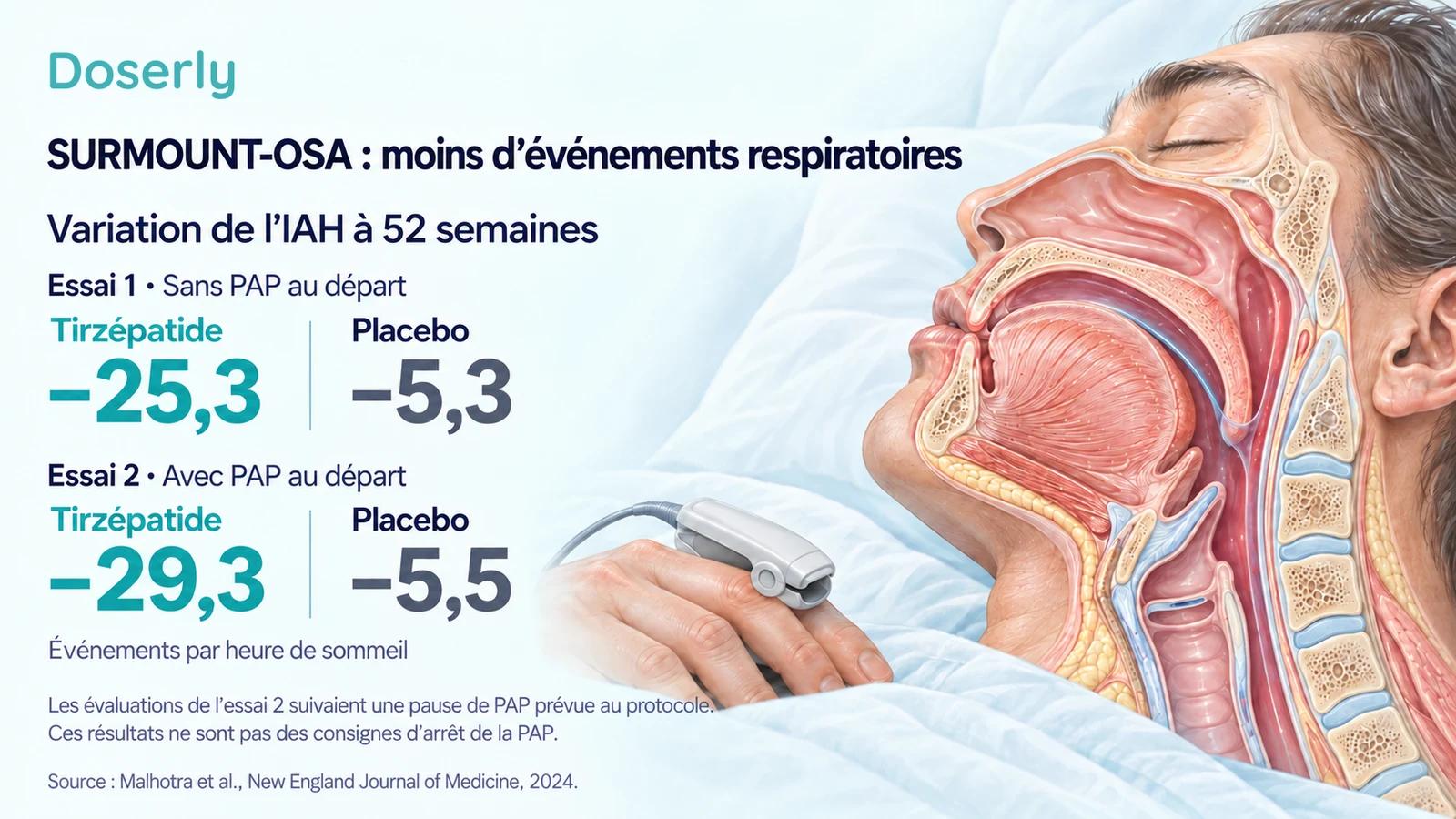 Variations de l’IAH dans les deux essais SURMOUNT-OSA, à côté d’une illustration détaillée des voies aériennes supérieures et d’un capteur d’oxygène au doigt.