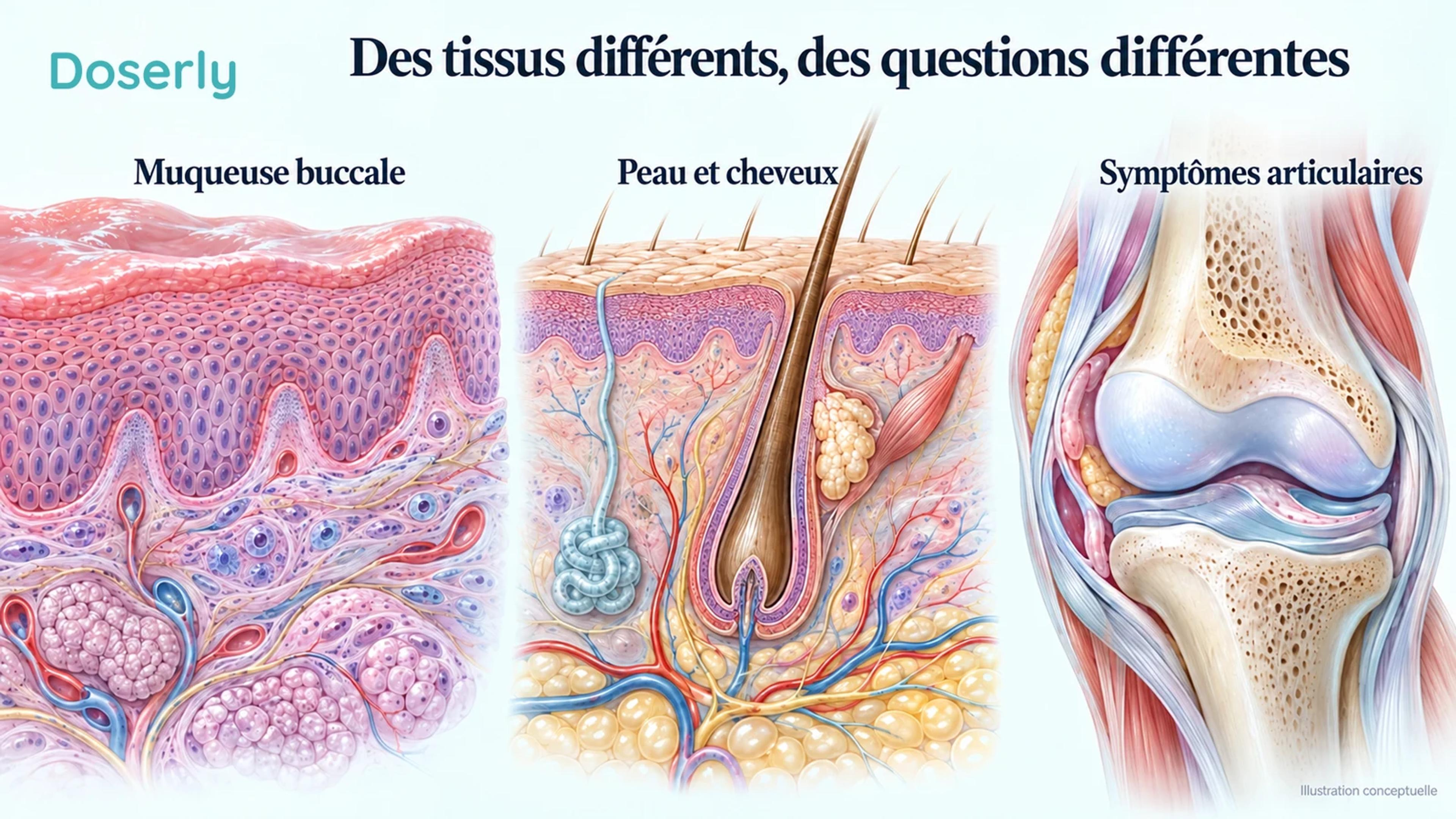 Représentations conceptuelles de la muqueuse buccale, de la peau et d’un follicule pileux, ainsi que de l’articulation du genou, illustrant des tissus distincts étudiés en photobiomodulation.