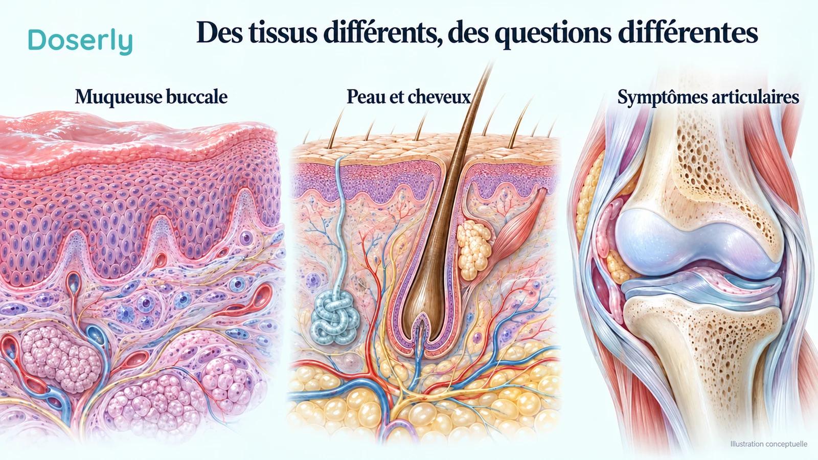 Représentations conceptuelles de la muqueuse buccale, de la peau et d’un follicule pileux, ainsi que de l’articulation du genou, illustrant des tissus distincts étudiés en photobiomodulation.