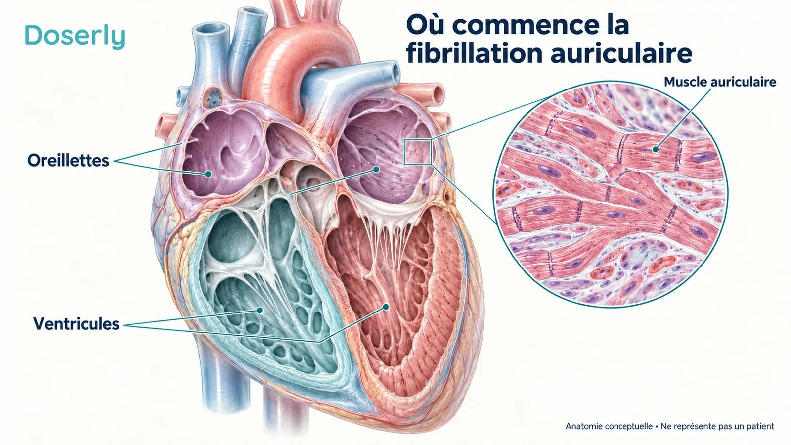 Un cœur anatomique translucide met en évidence ses cavités supérieures et un encadré agrandi du muscle auriculaire.