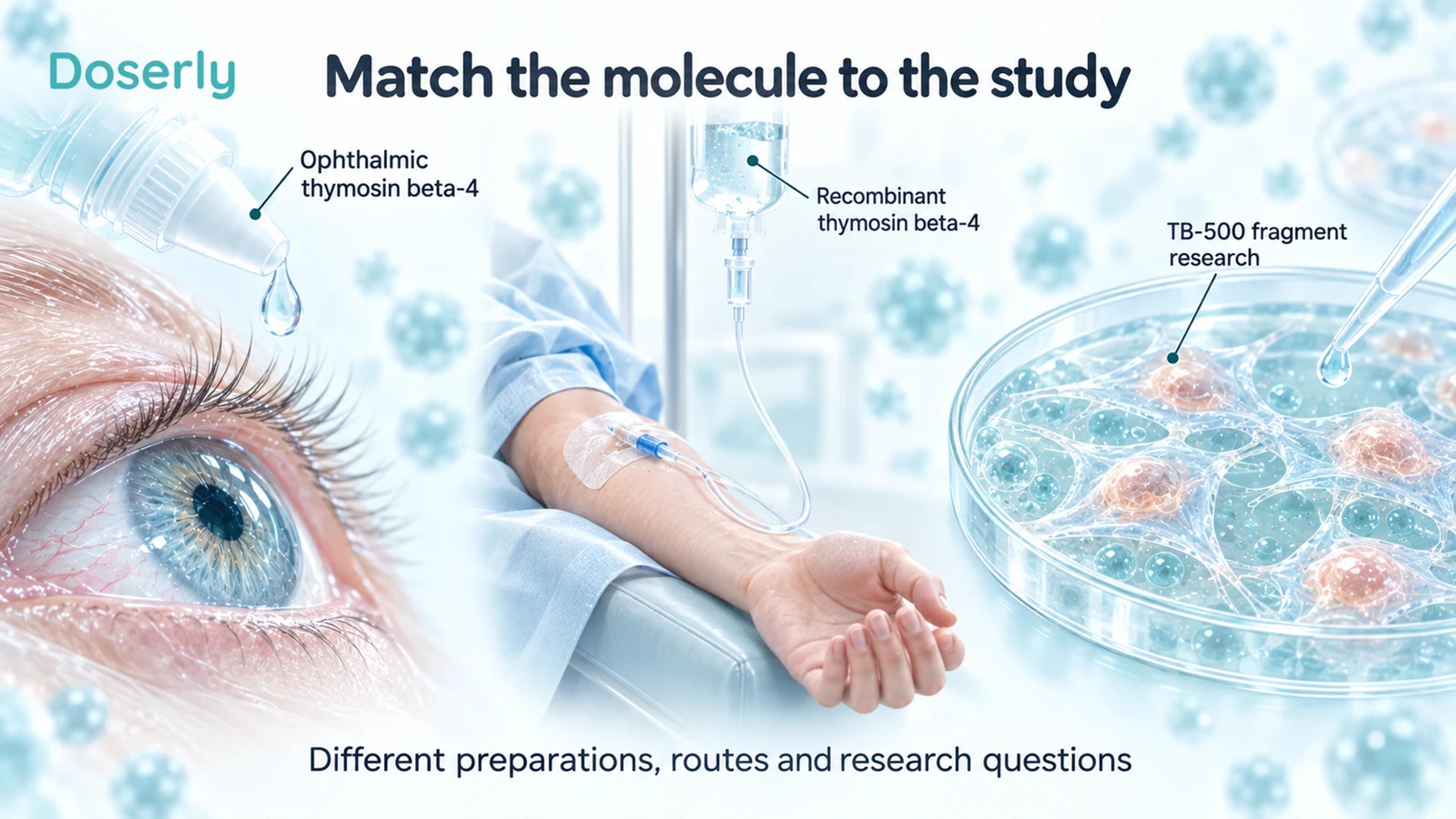 An eye-drop scene, supervised infusion and cultured-cell dish representing different thymosin-related research preparations.