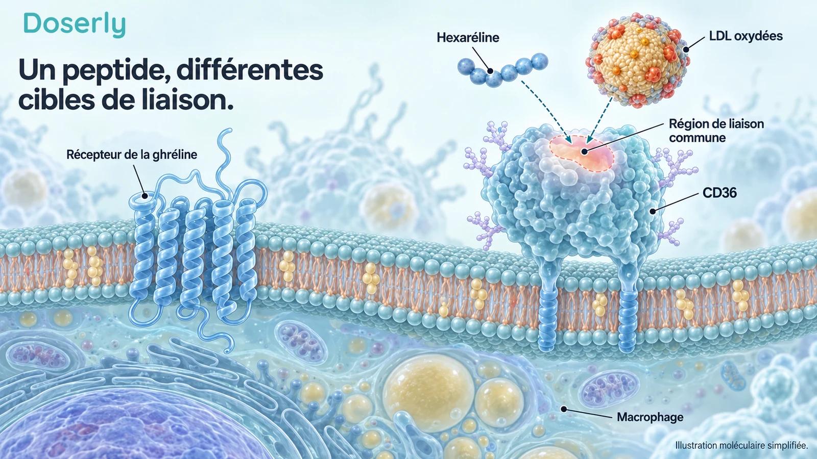 Illustration simplifiée d’une membrane distinguant le récepteur de la ghréline de CD36 et montrant une région de liaison commune à l’hexaréline et aux LDL oxydées