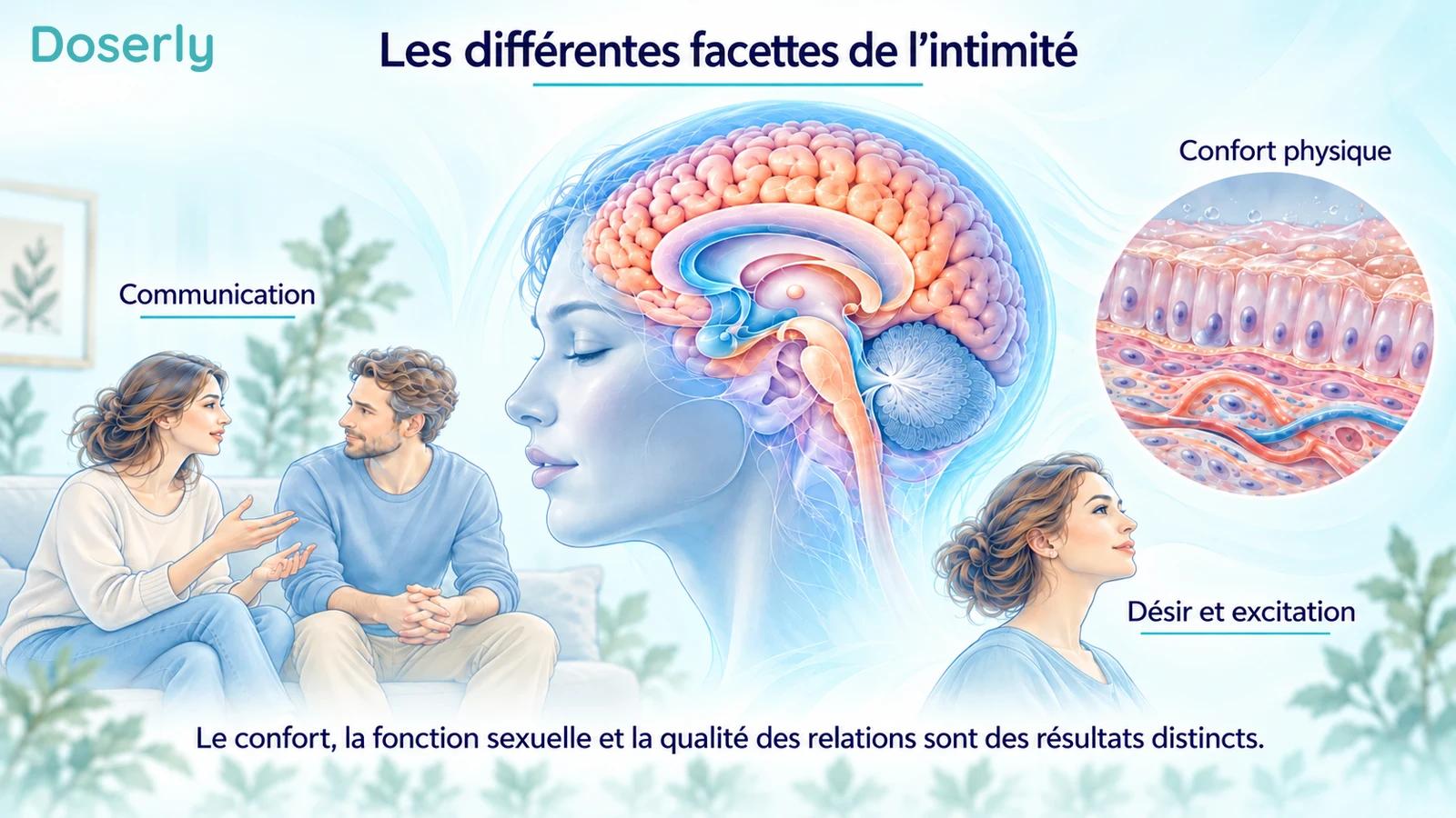 Une conversation illustrée, une anatomie cérébrale détaillée et un encadré conceptuel de tissu épithélial distinguent les résultats liés à l’intimité.