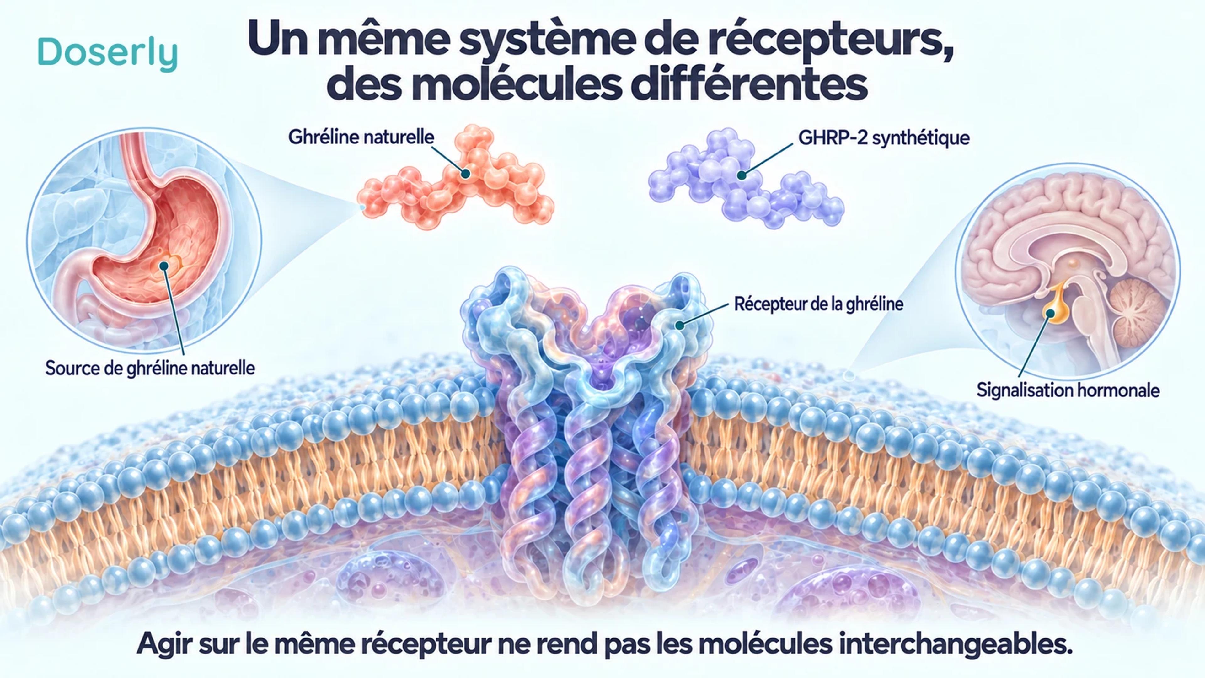 Représentation conceptuelle d’un récepteur de la membrane cellulaire, avec des formes distinctes pour la ghréline naturelle et le GHRP-2 synthétique, ainsi que des encadrés montrant l’estomac et l’hypophyse.