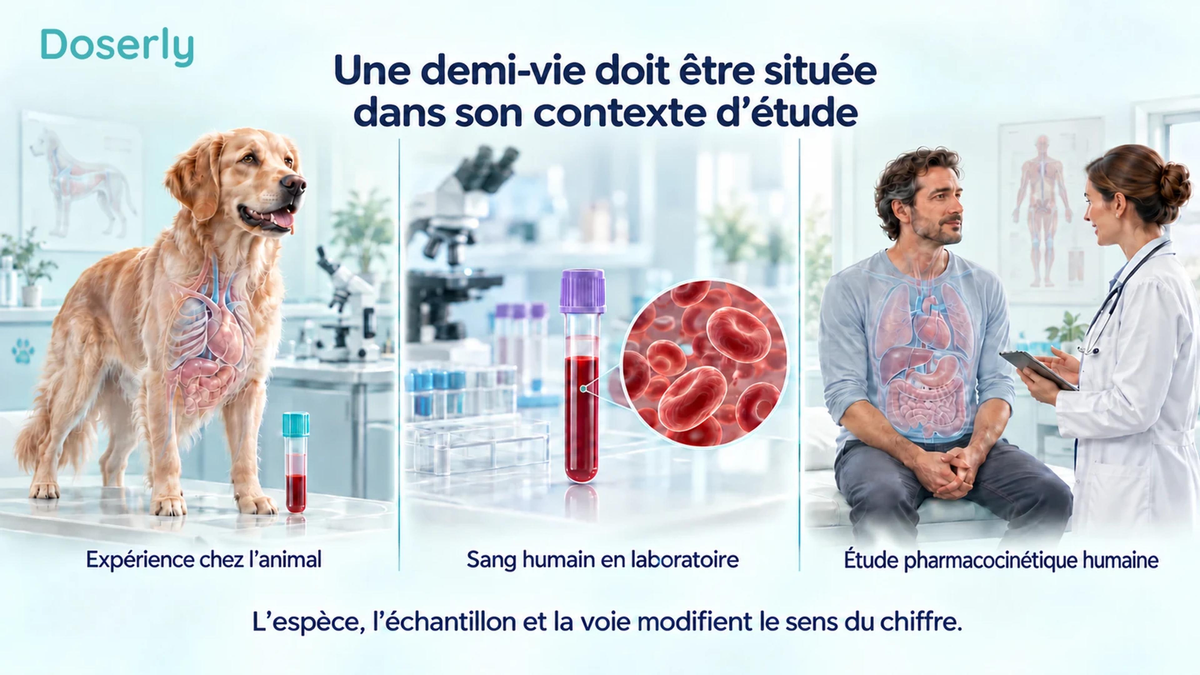 Recherche sur l’élimination chez l’animal, échantillon de sang humain et étude pharmacocinétique clinique illustrés comme des catégories d’études distinctes.