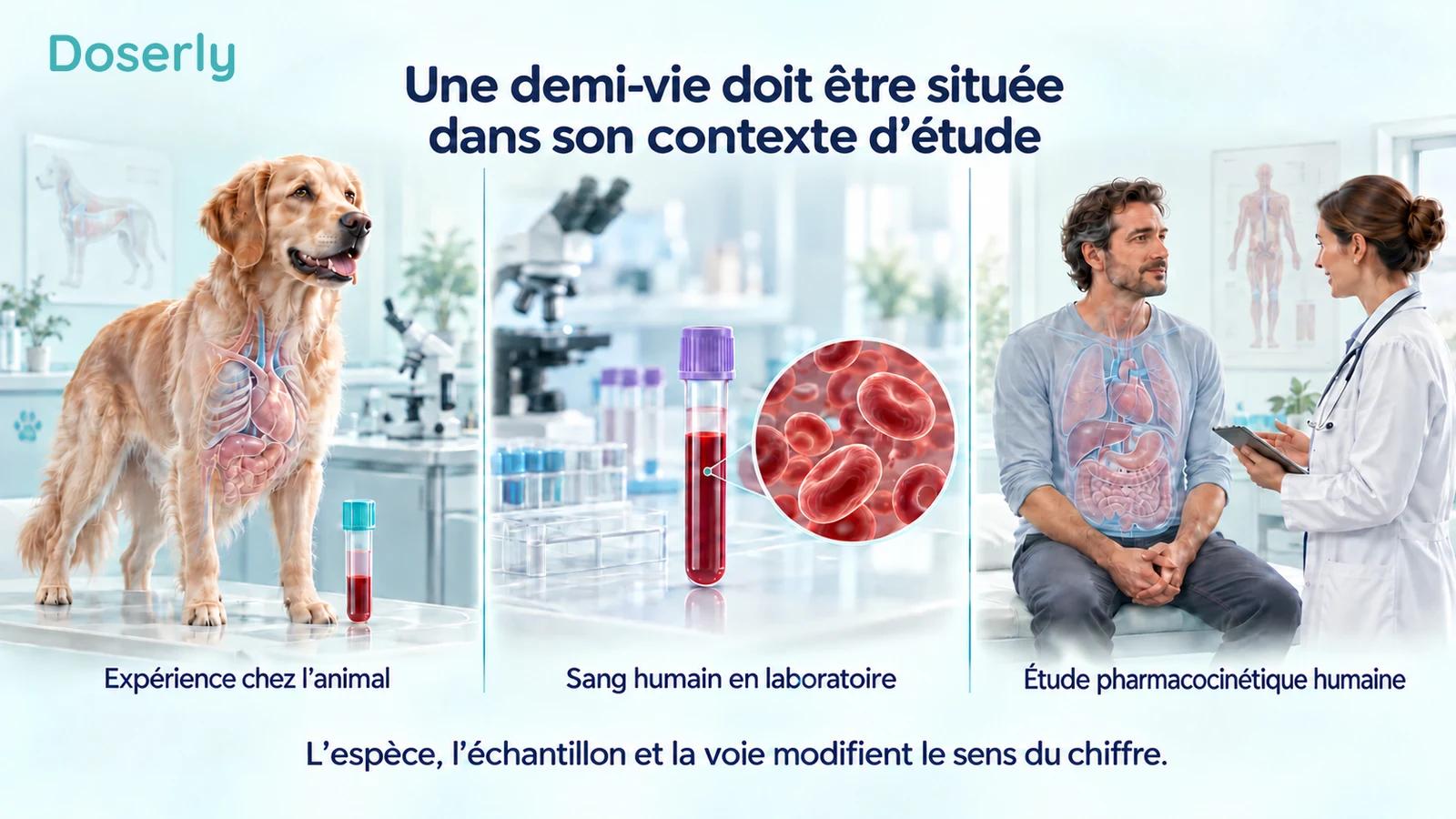 Recherche sur l’élimination chez l’animal, échantillon de sang humain et étude pharmacocinétique clinique illustrés comme des catégories d’études distinctes.