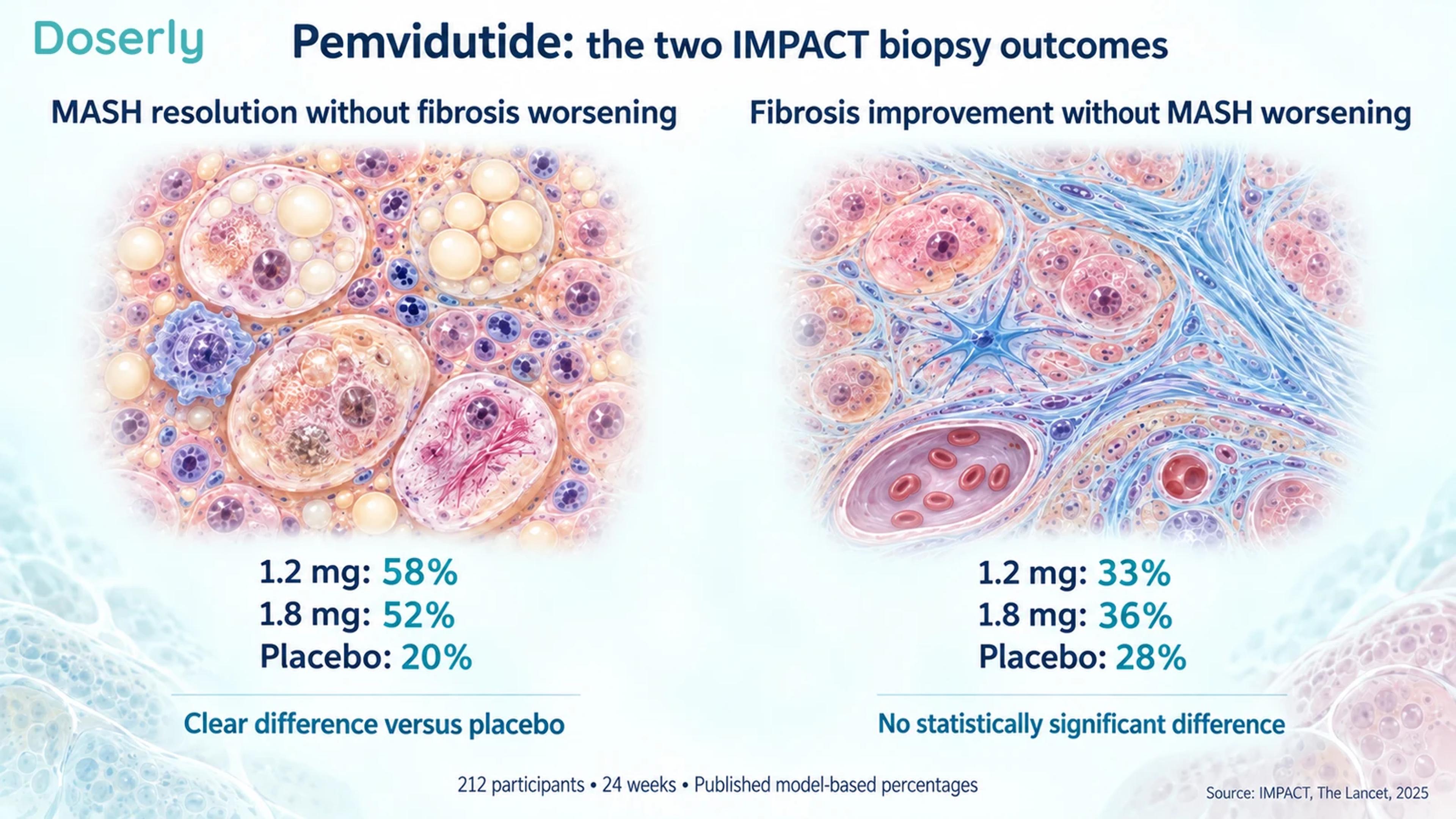 Detailed liver tissue accompanies the published IMPACT MASH-resolution and fibrosis-response percentages for each treatment group.