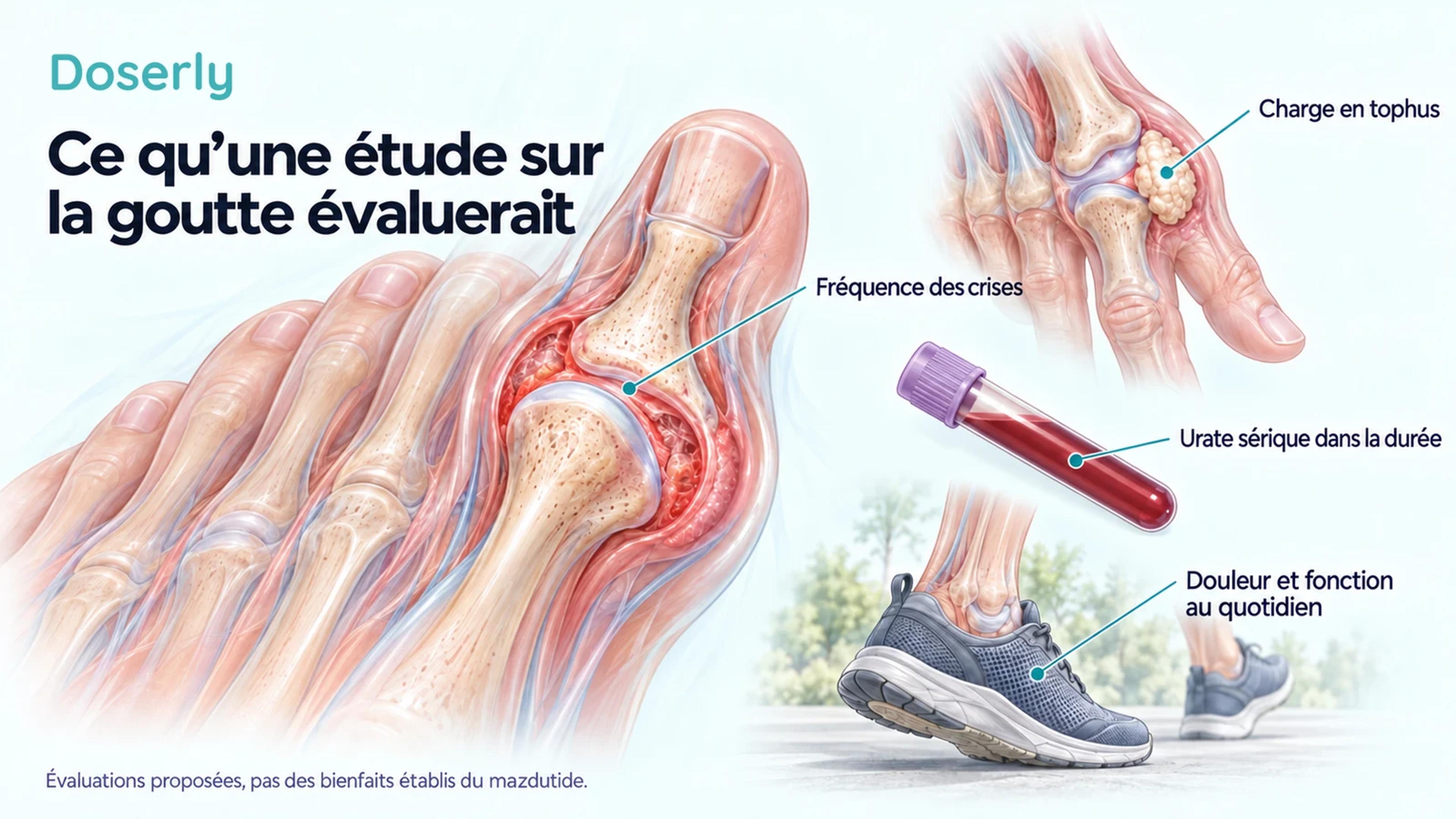 Des illustrations de type atlas médical montrant une articulation d’orteil enflammée, un tophus au doigt, un échantillon de sang et des pieds en marche présentent les résultats qu’une étude axée sur la goutte pourrait évaluer.