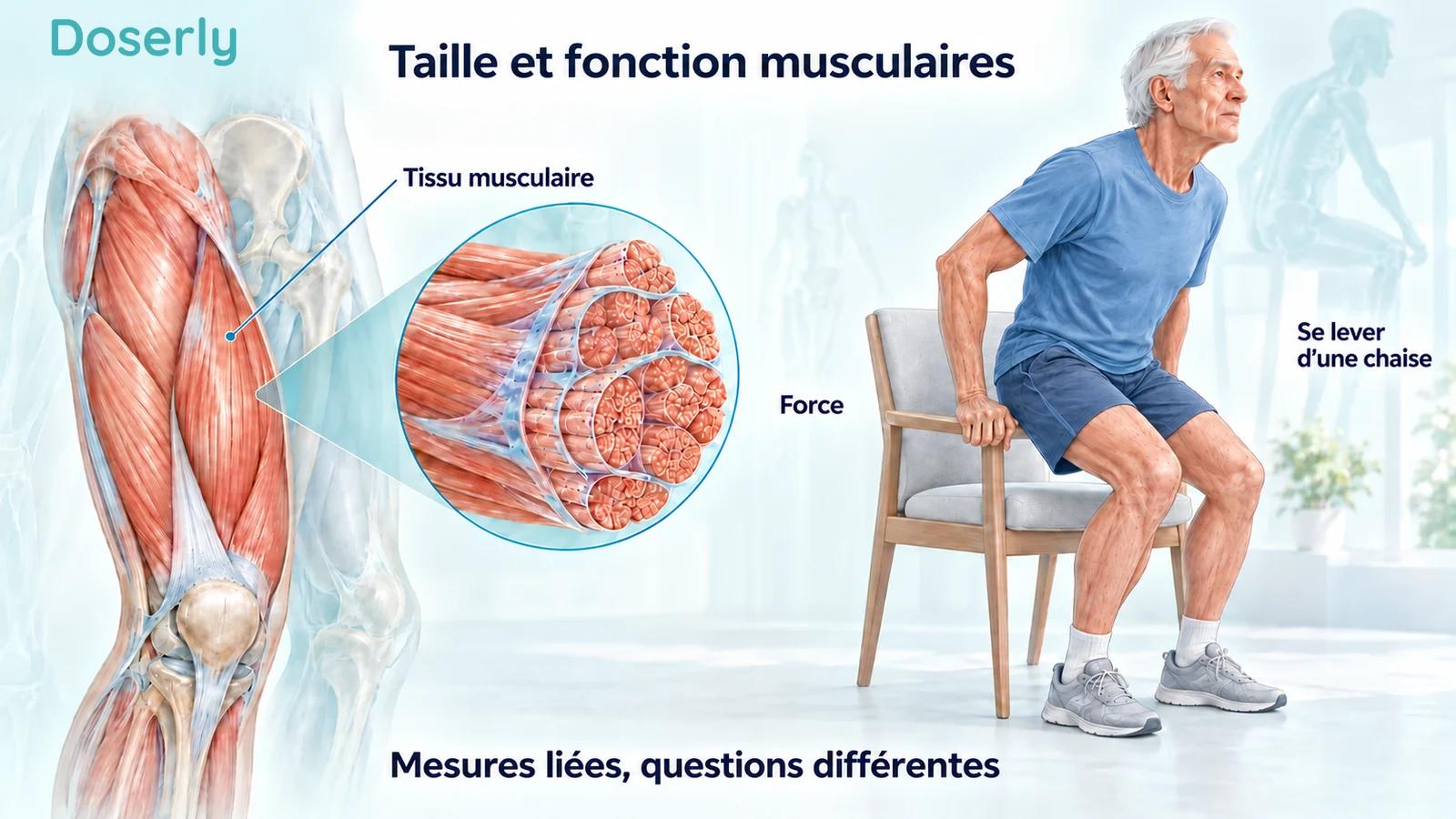 Une vue en coupe translucide des muscles de la cuisse et une personne âgée se levant d’une chaise illustrent le tissu musculaire et la fonction physique.