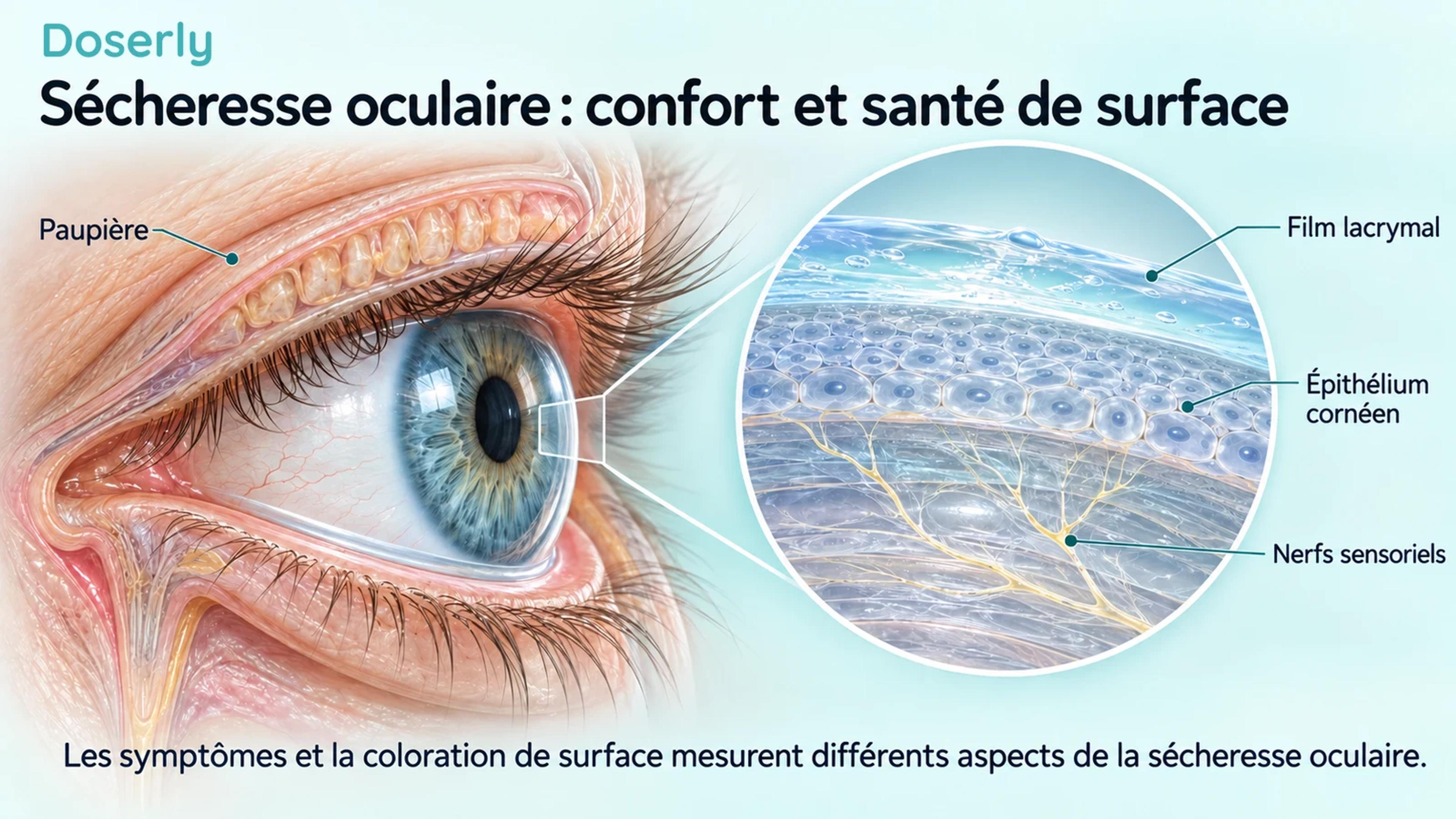 Anatomie détaillée de l’œil avec agrandissement du film lacrymal, des cellules épithéliales cornéennes et des nerfs sensoriels.