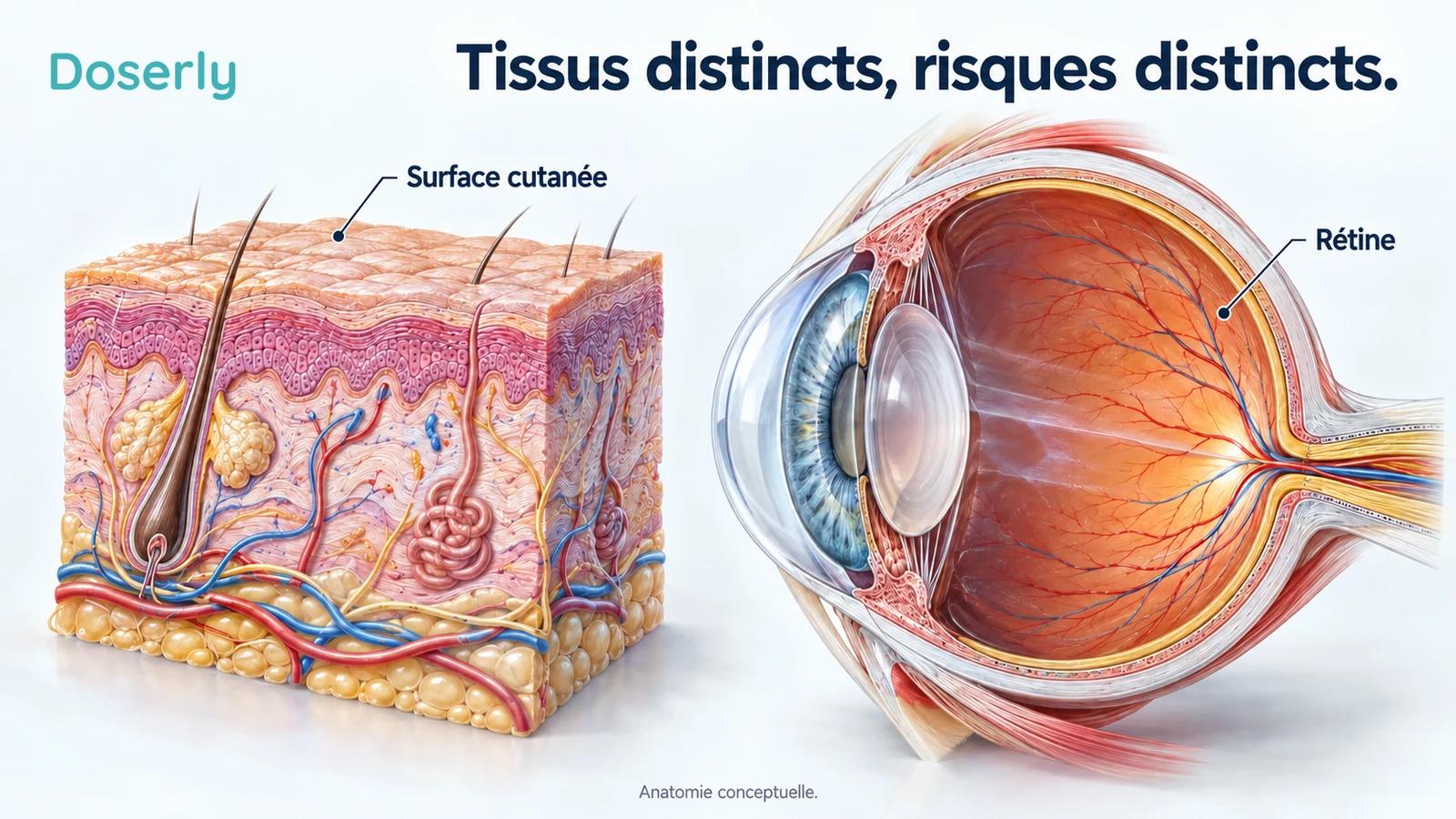 Des modèles pédagogiques distincts de la peau et de l’œil montrent la surface cutanée et la rétine comme des tissus différents.