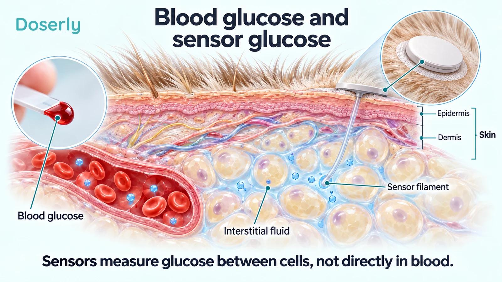 Cross-section of feline skin showing a capillary and a sensor filament ending in interstitial fluid outside the blood vessel.