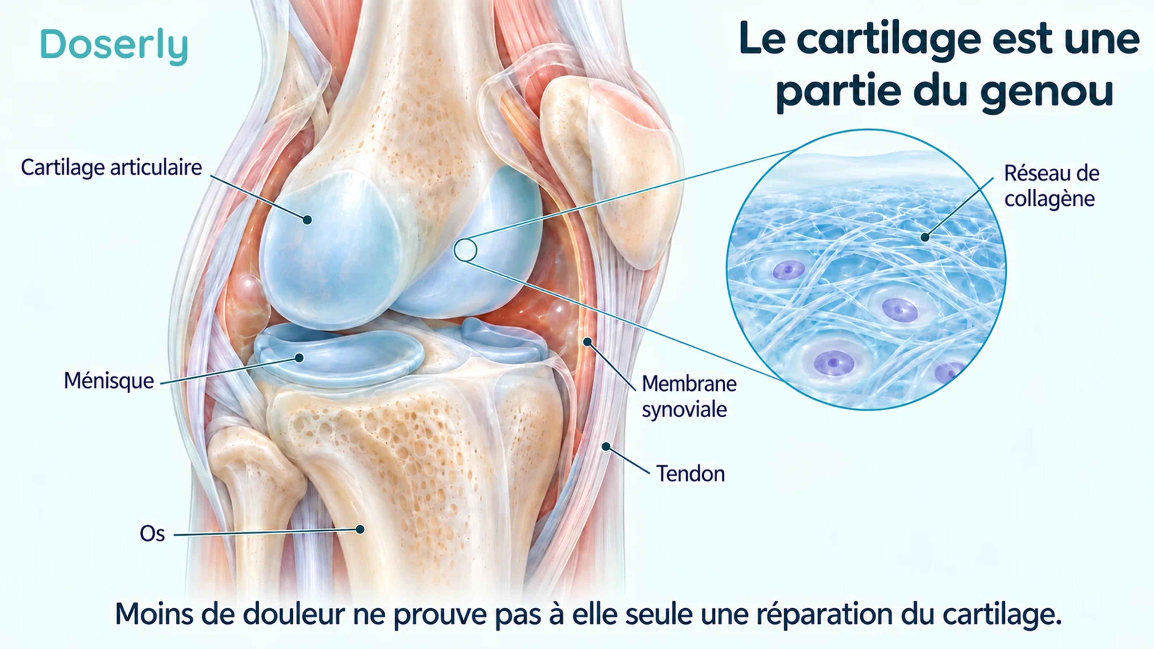 Une vue en coupe du genou indique le cartilage articulaire, le ménisque, l’os, la membrane synoviale et le tendon, avec un agrandissement du réseau de collagène.