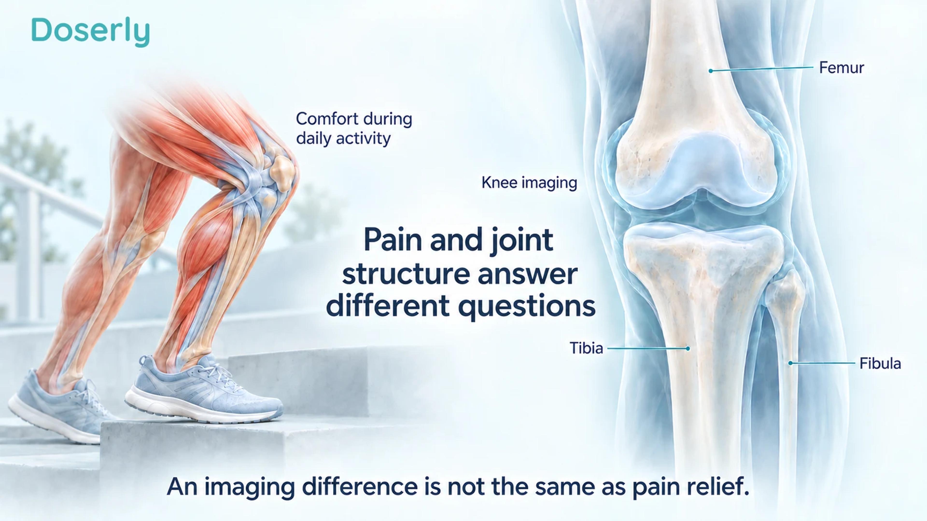 An illustrated leg using a step is paired with conceptual knee imaging showing the femur, tibia and fibula.