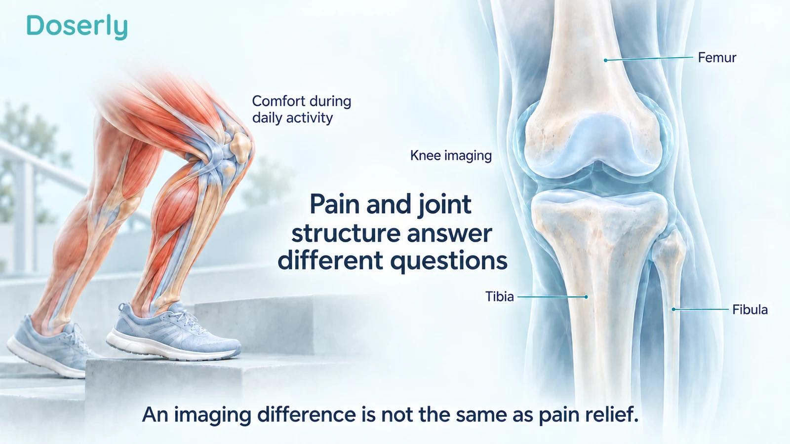 An illustrated leg using a step is paired with conceptual knee imaging showing the femur, tibia and fibula.