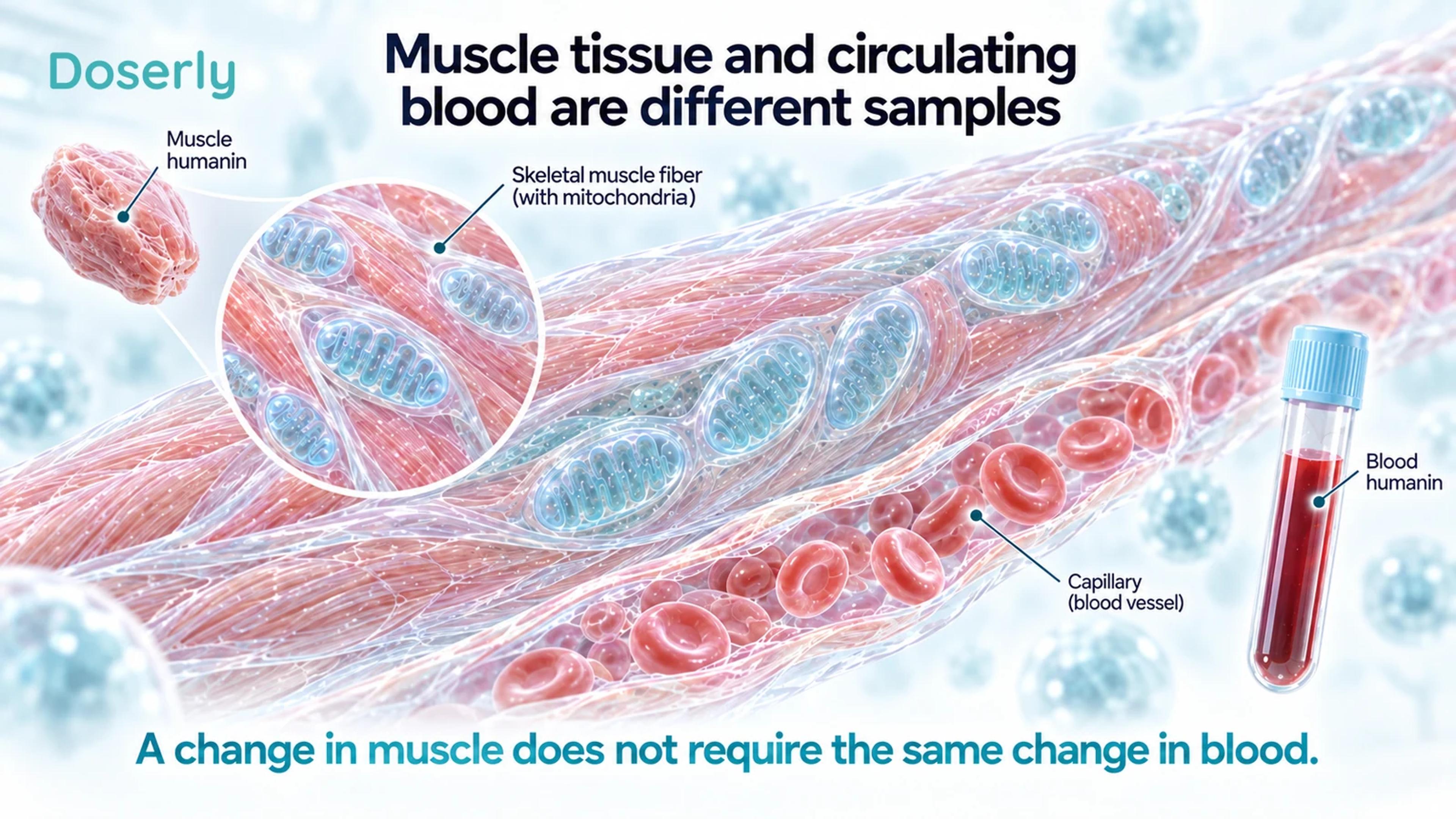 A detailed muscle fiber and adjacent capillary connect conceptually to separate tissue and blood samples.