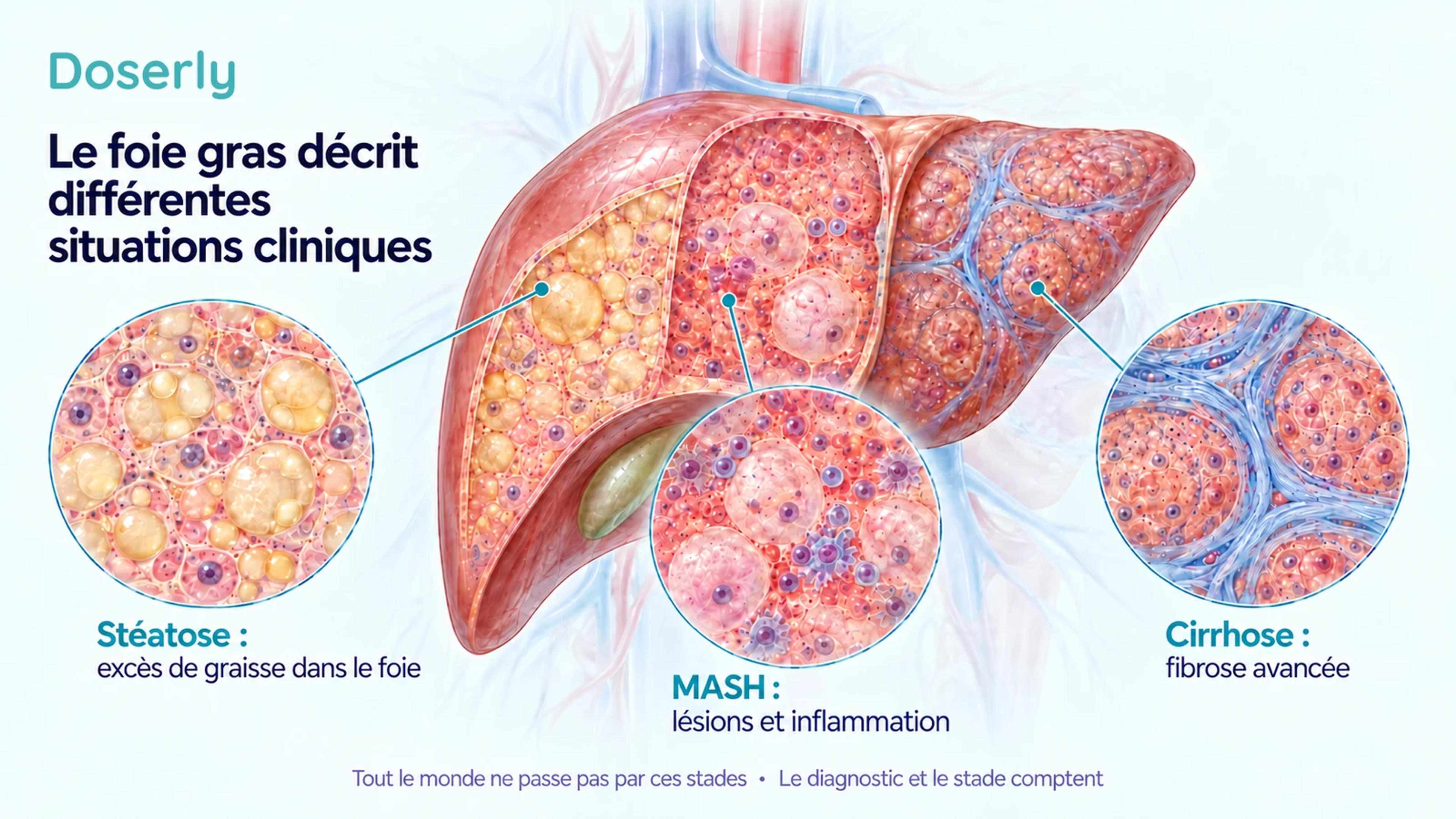 Représentation conceptuelle détaillée de tissu hépatique montrant la stéatose, la MASH et la cirrhose comme des situations cliniques distinctes.