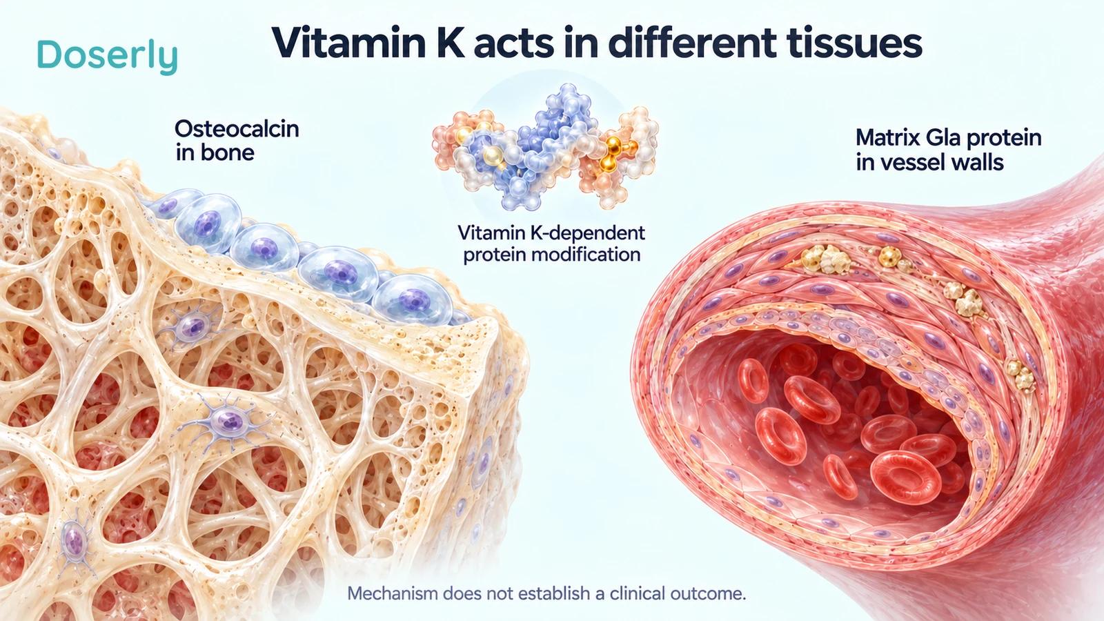 Separate cutaways of living bone and an arterial wall show vitamin K-dependent proteins without an arrow transferring calcium between tissues.