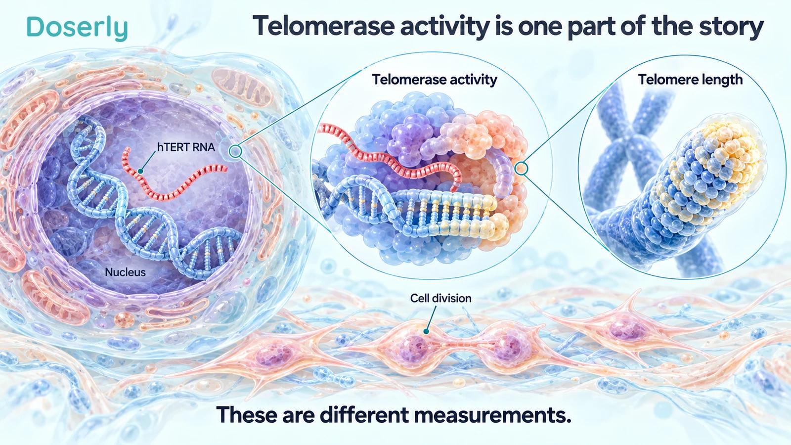 A cell nucleus and RNA, a schematic telomerase enzyme and chromosome end, with dividing fibroblasts below.