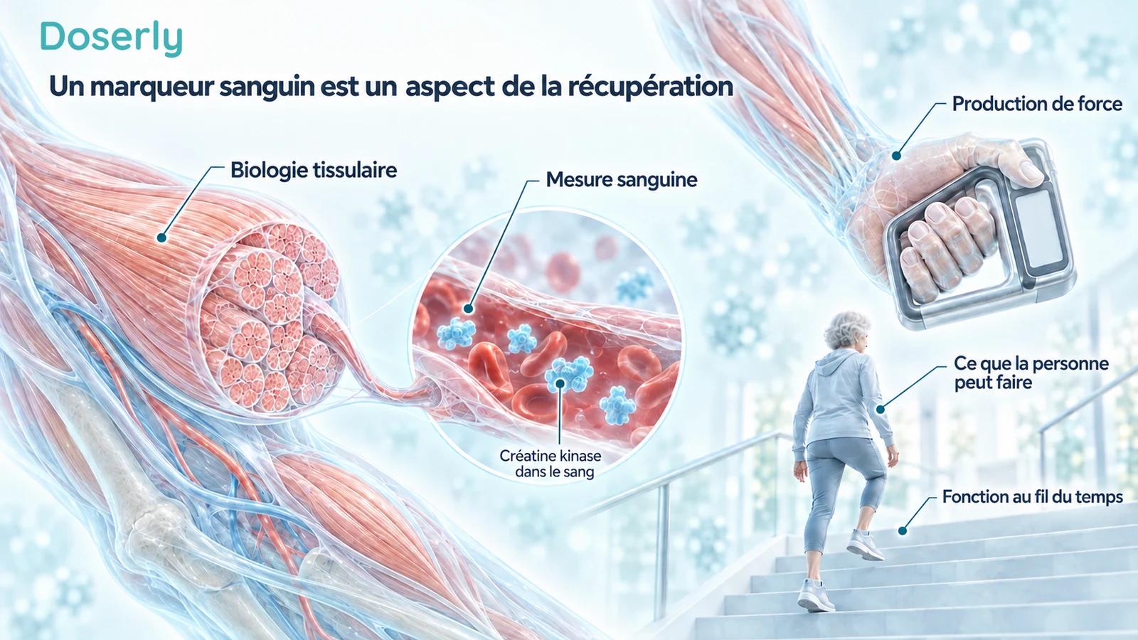 Un faisceau musculaire et un capillaire voisin illustrent la mesure de la créatine kinase à côté d’évaluations distinctes de la force et de la fonction de marche.