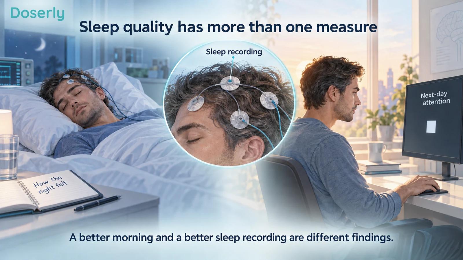 An adult undergoing sleep recording at night and completing an attention task the next day, alongside a sleep diary.