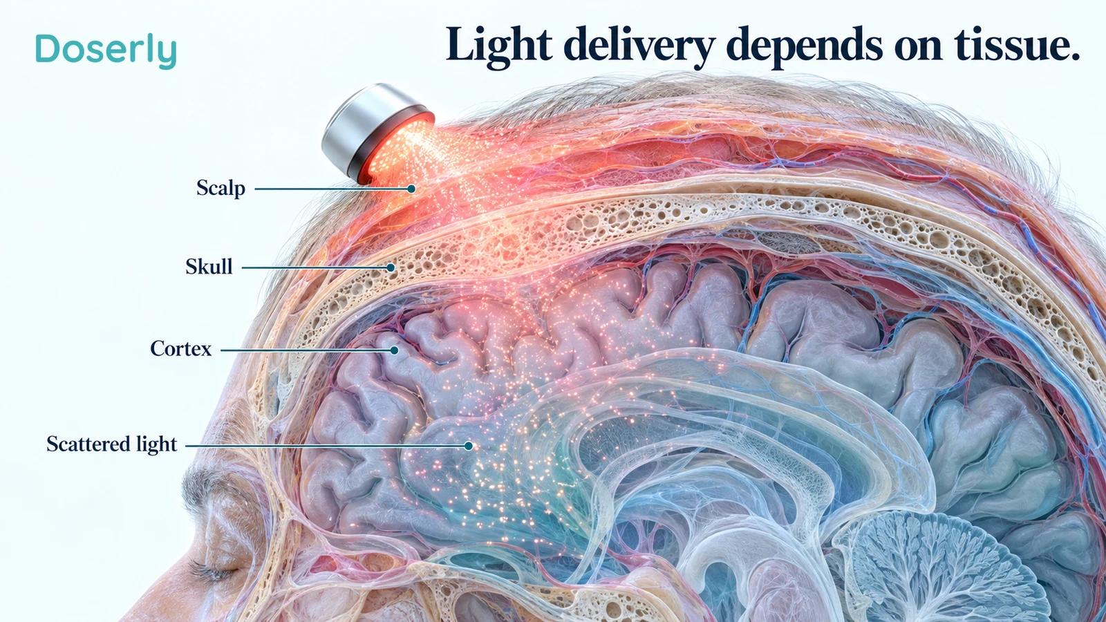 Conceptual cutaway of scalp, skull and cerebral cortex showing a diffuse, diminishing near-infrared light field rather than a beam reaching a guaranteed depth.