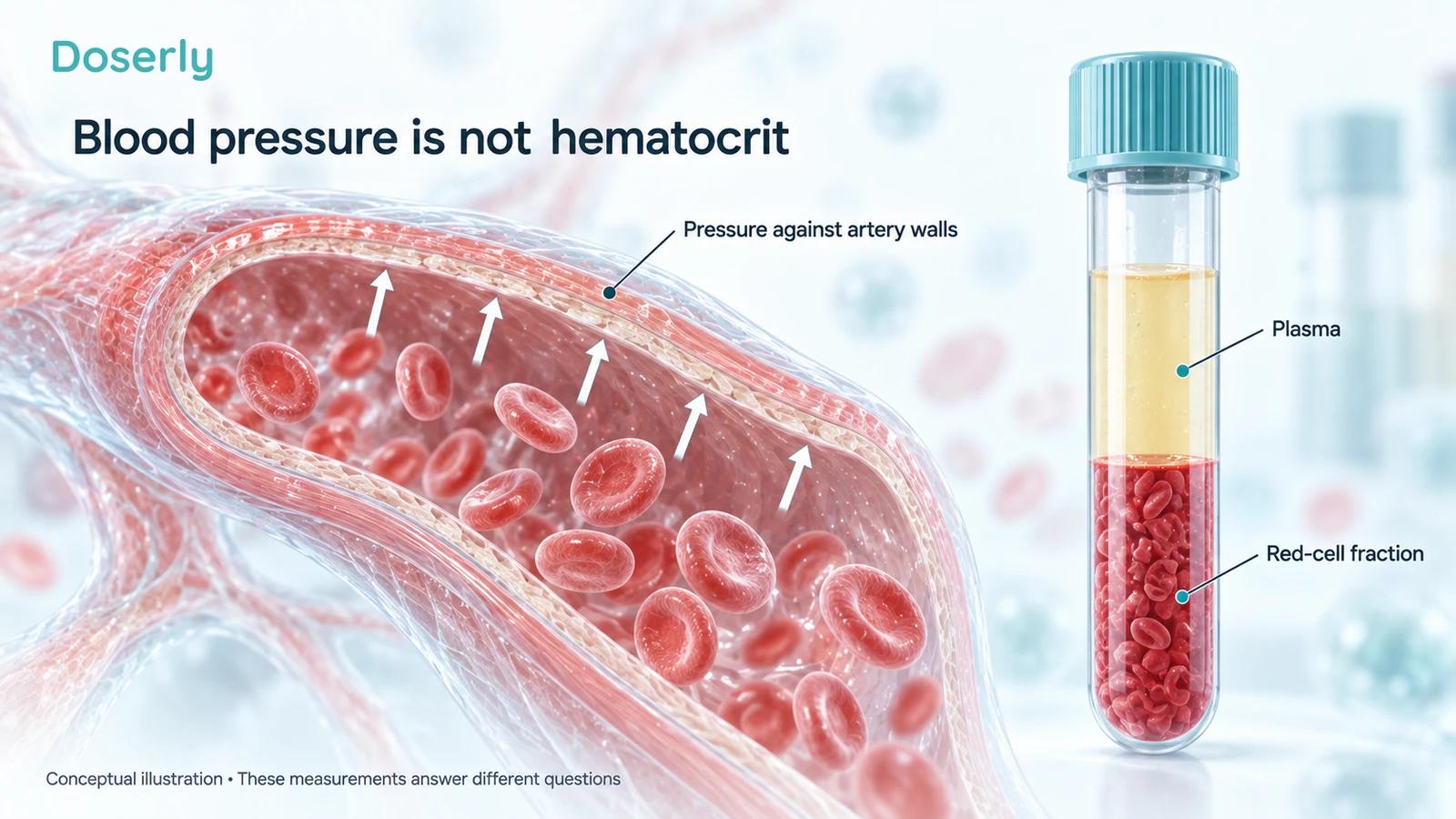 Artery cutaway with outward pressure arrows beside a separated blood sample distinguishes pressure against vessel walls from the fraction occupied by red blood cells.