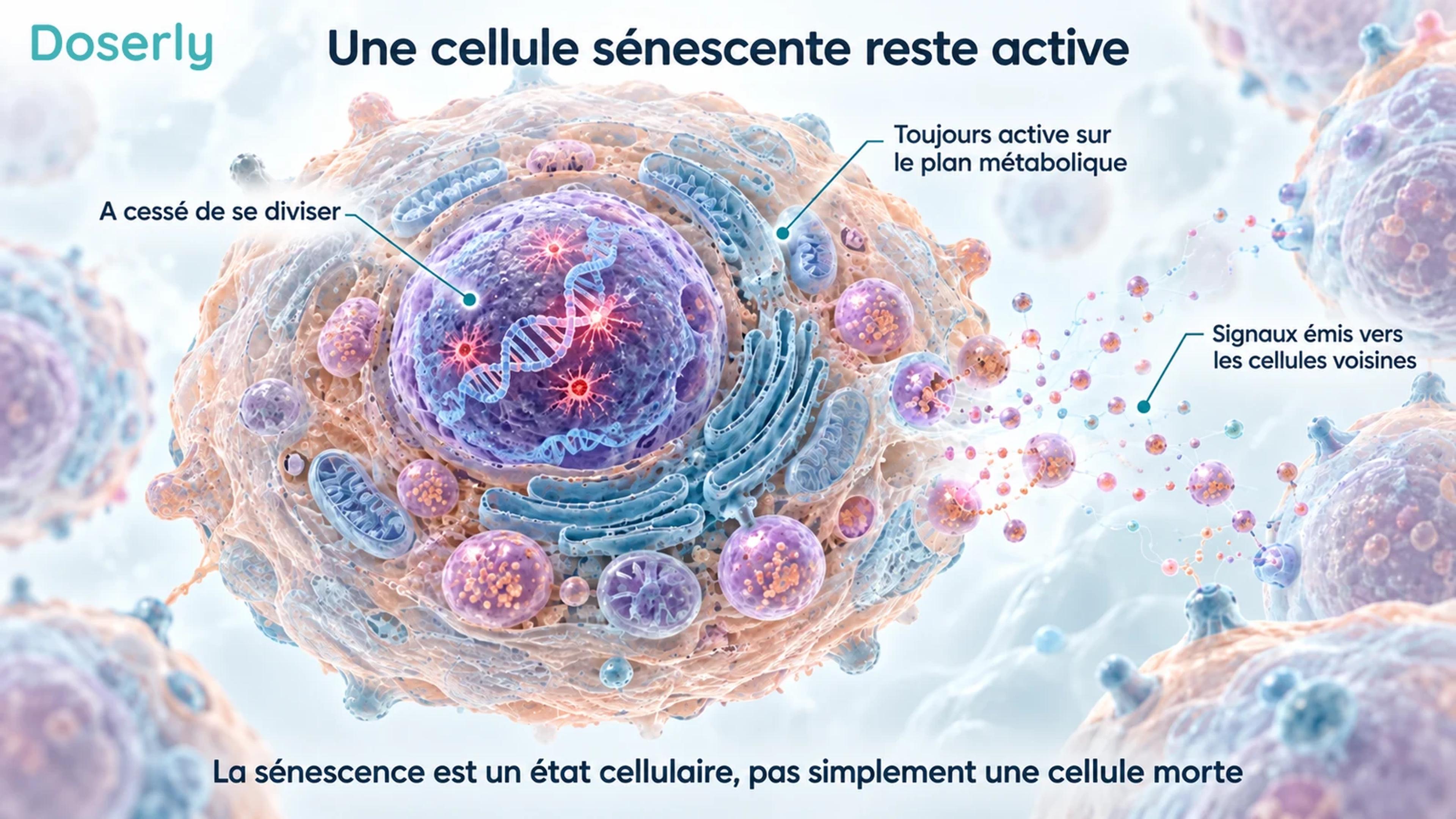 Représentation conceptuelle détaillée d’une cellule sénescente avec une membrane intacte, un noyau et des particules de signalisation près de cellules voisines.