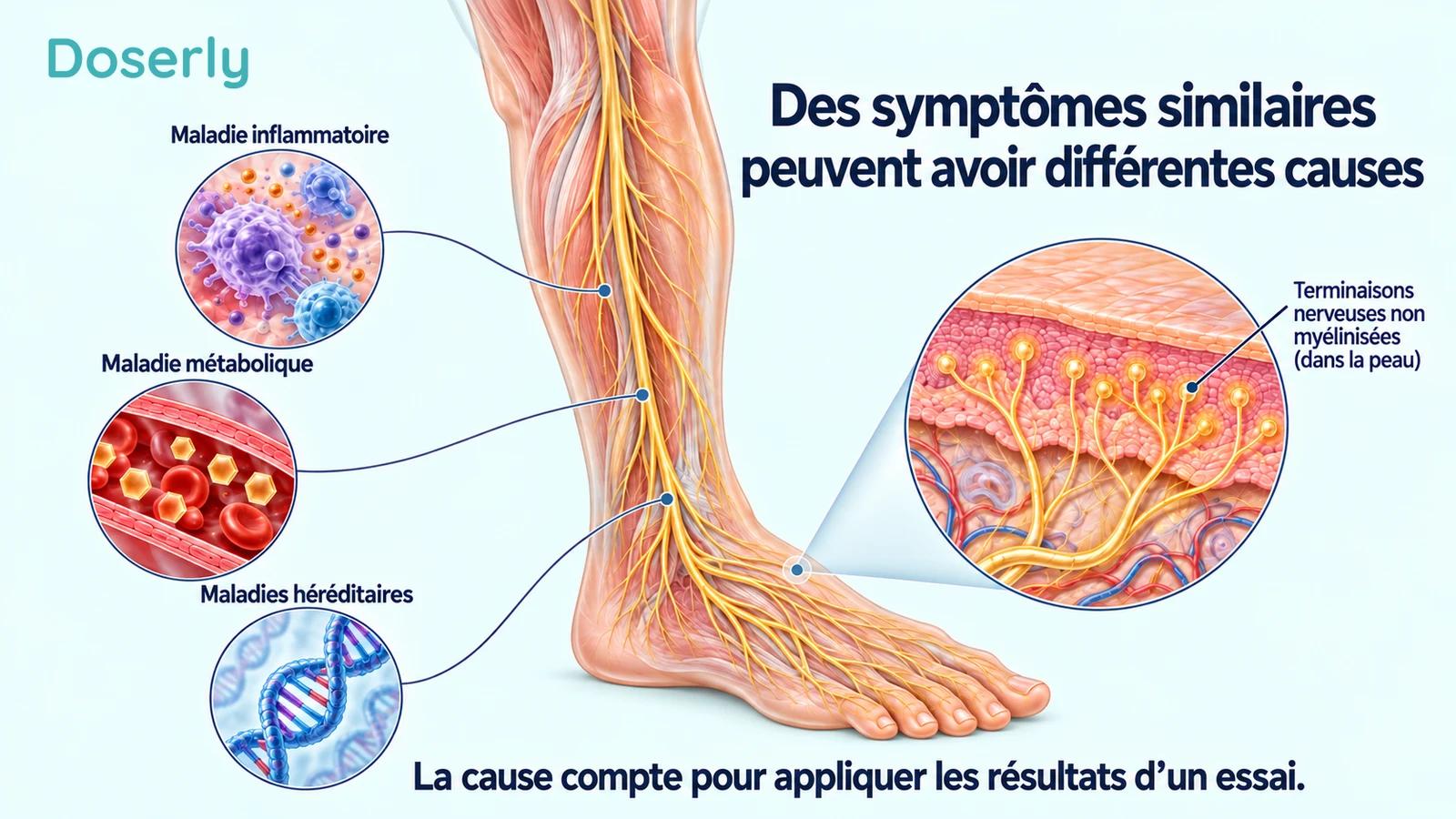 Une illustration détaillée des nerfs du bas de la jambe est reliée à des motifs évoquant des maladies immunitaires, métaboliques et héréditaires, ainsi qu’à un encadré agrandi de la peau.