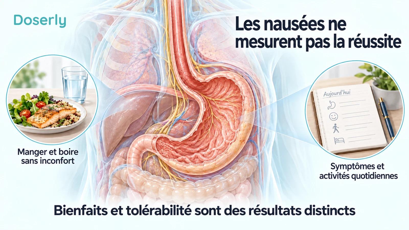 Anatomie détaillée de l’estomac à côté d’illustrations de l’alimentation, de l’hydratation et de la consignation des symptômes