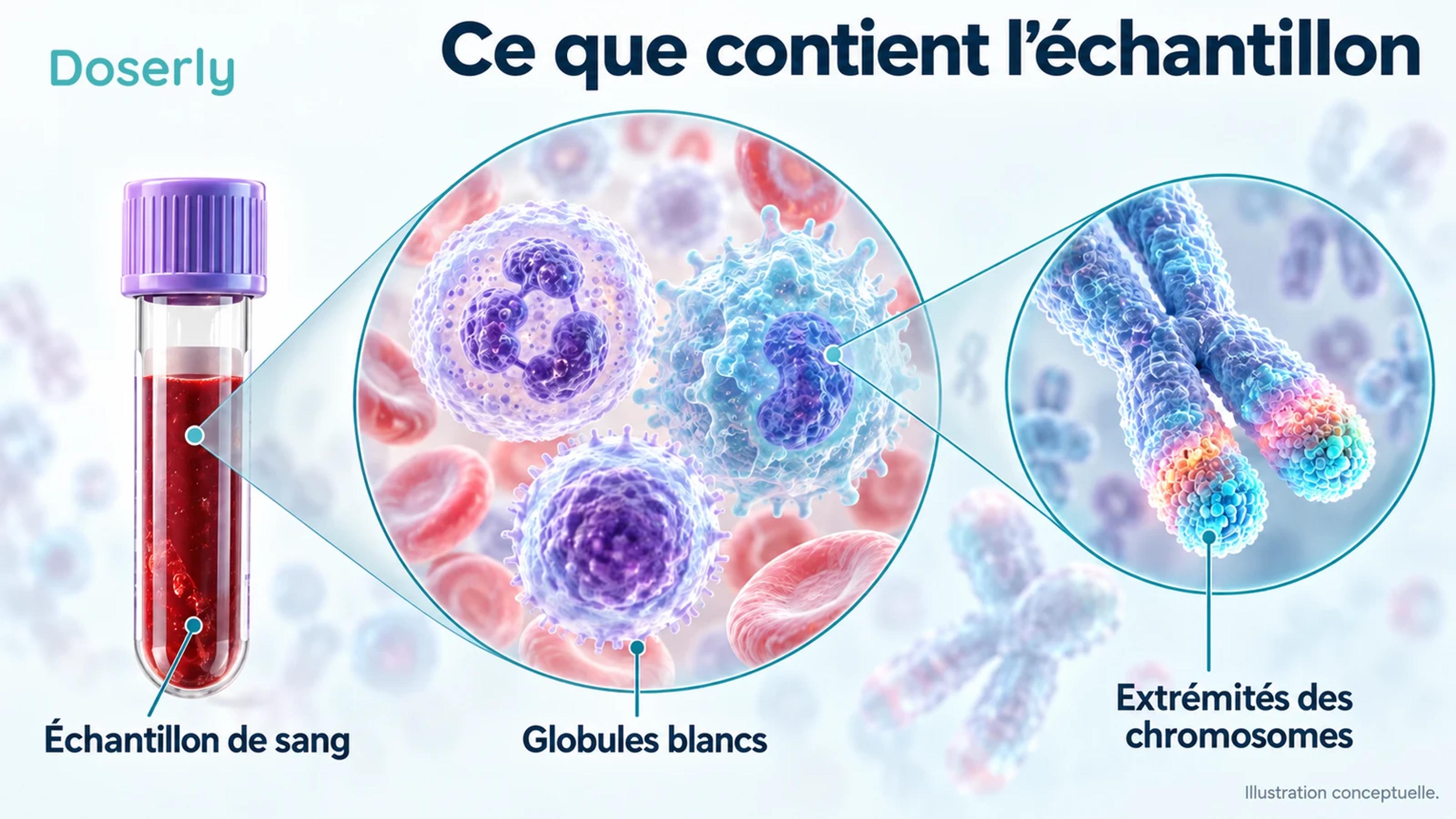 Un échantillon de sang, des globules blancs distincts et un encadré montrant une extrémité de chromosome illustrent des échelles de mesure différentes.