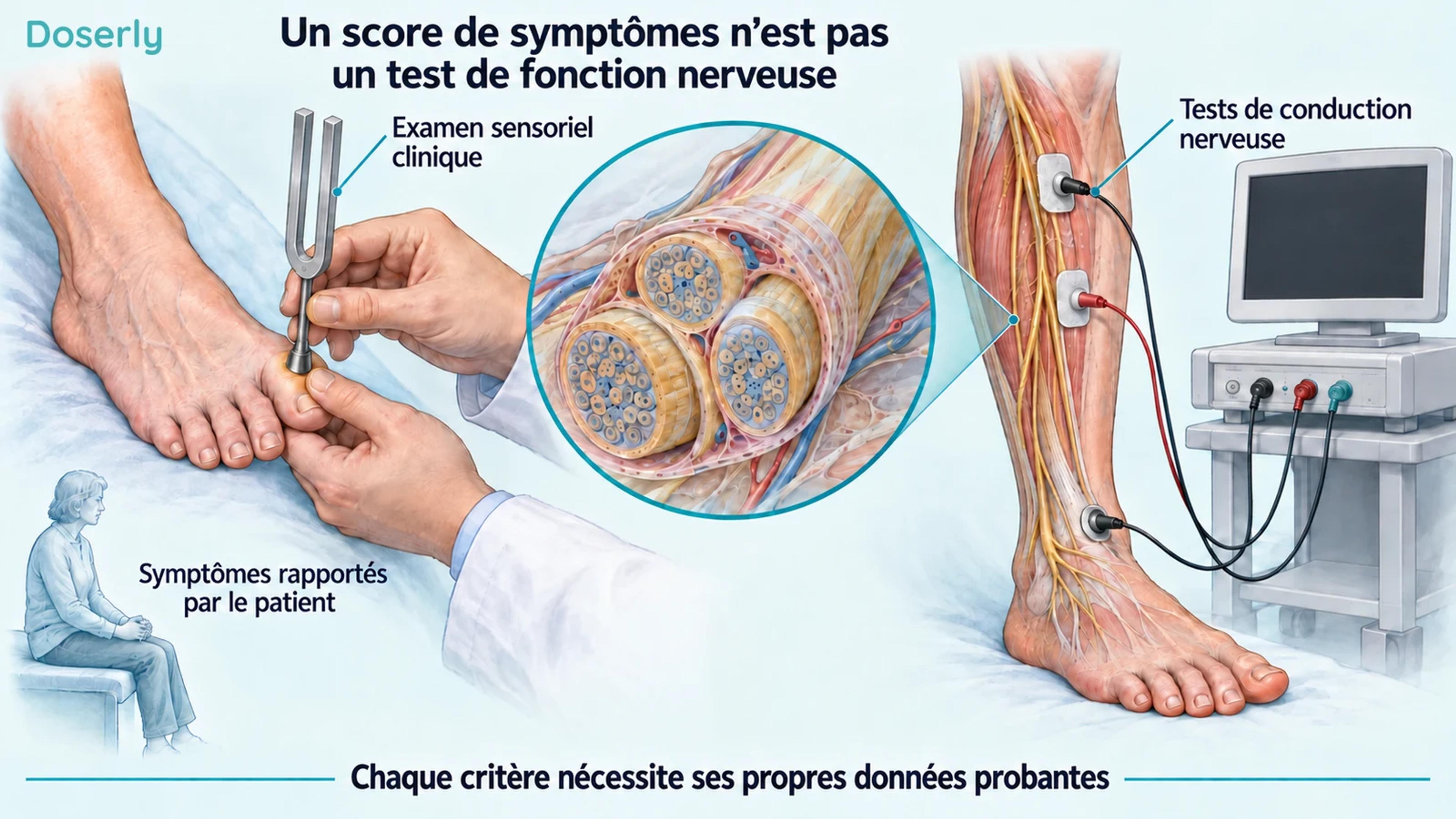 Un examen sensoriel, un faisceau nerveux et du matériel de conduction nerveuse illustrent différentes façons d’évaluer la neuropathie.