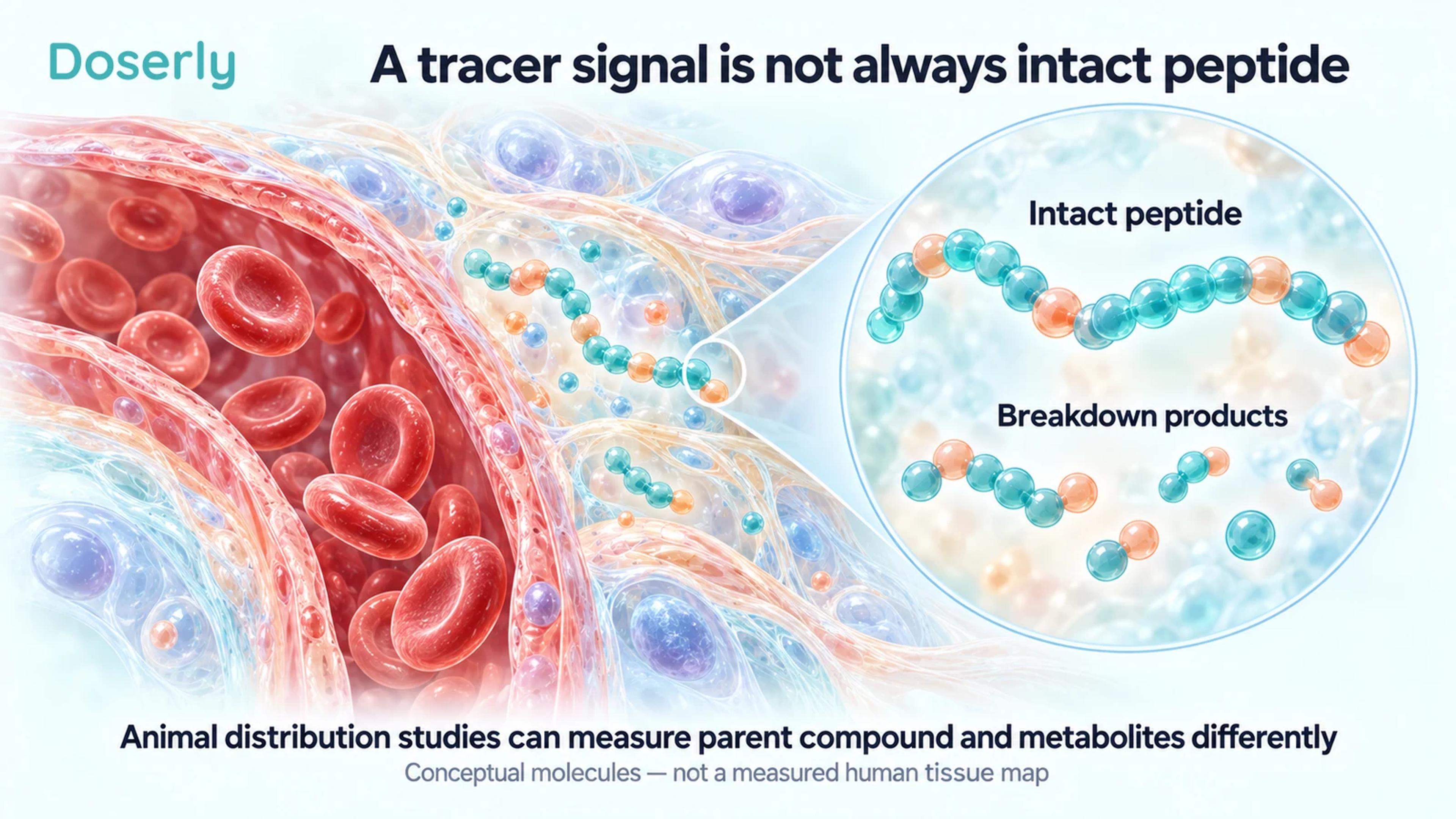 Conceptual capillary and peptide-chain illustrations distinguish intact peptide from smaller breakdown products detected in distribution research.
