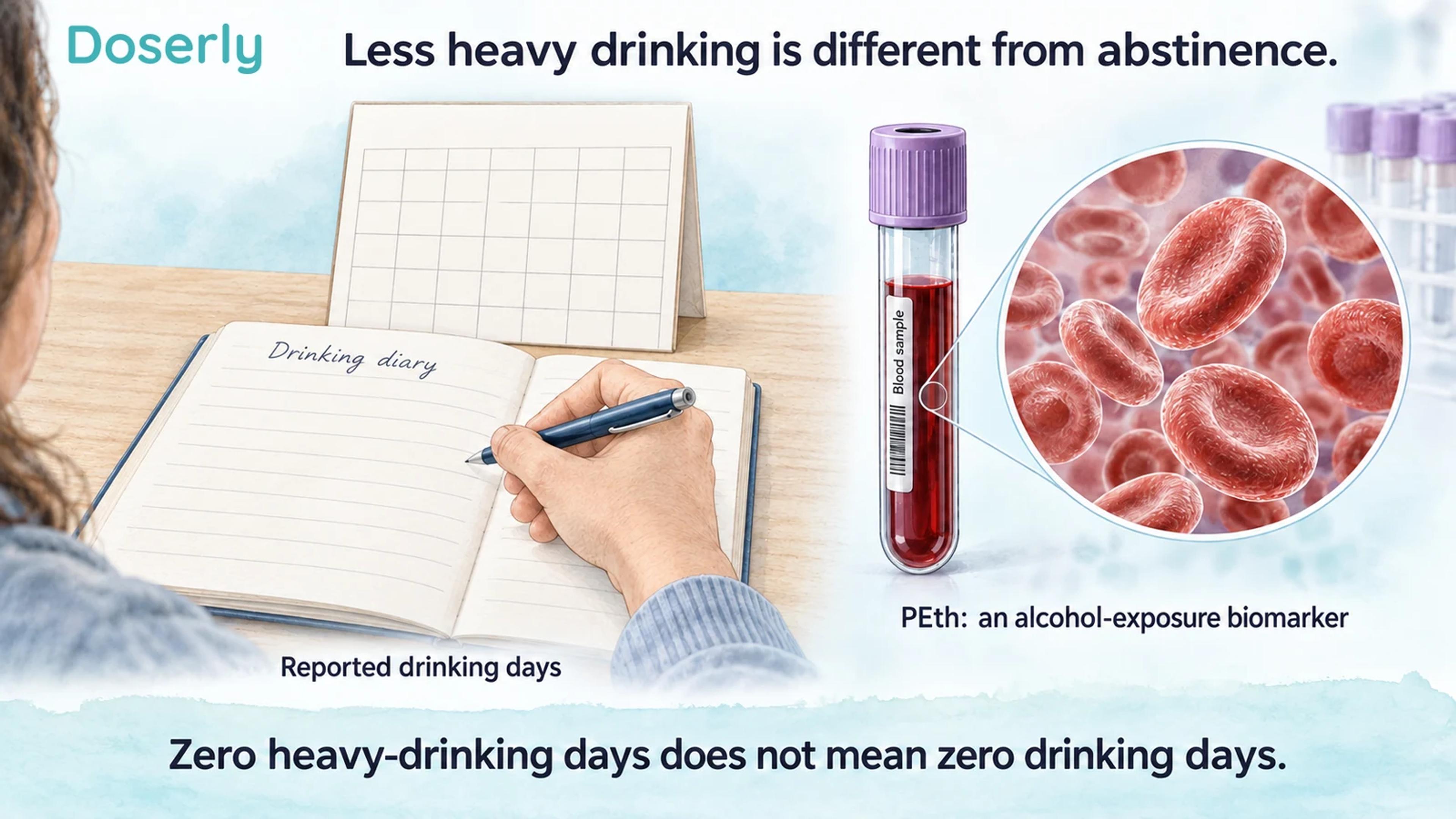 Illustrated drinking diary and blood sample showing self-reported drinking and PEth as complementary measurements.