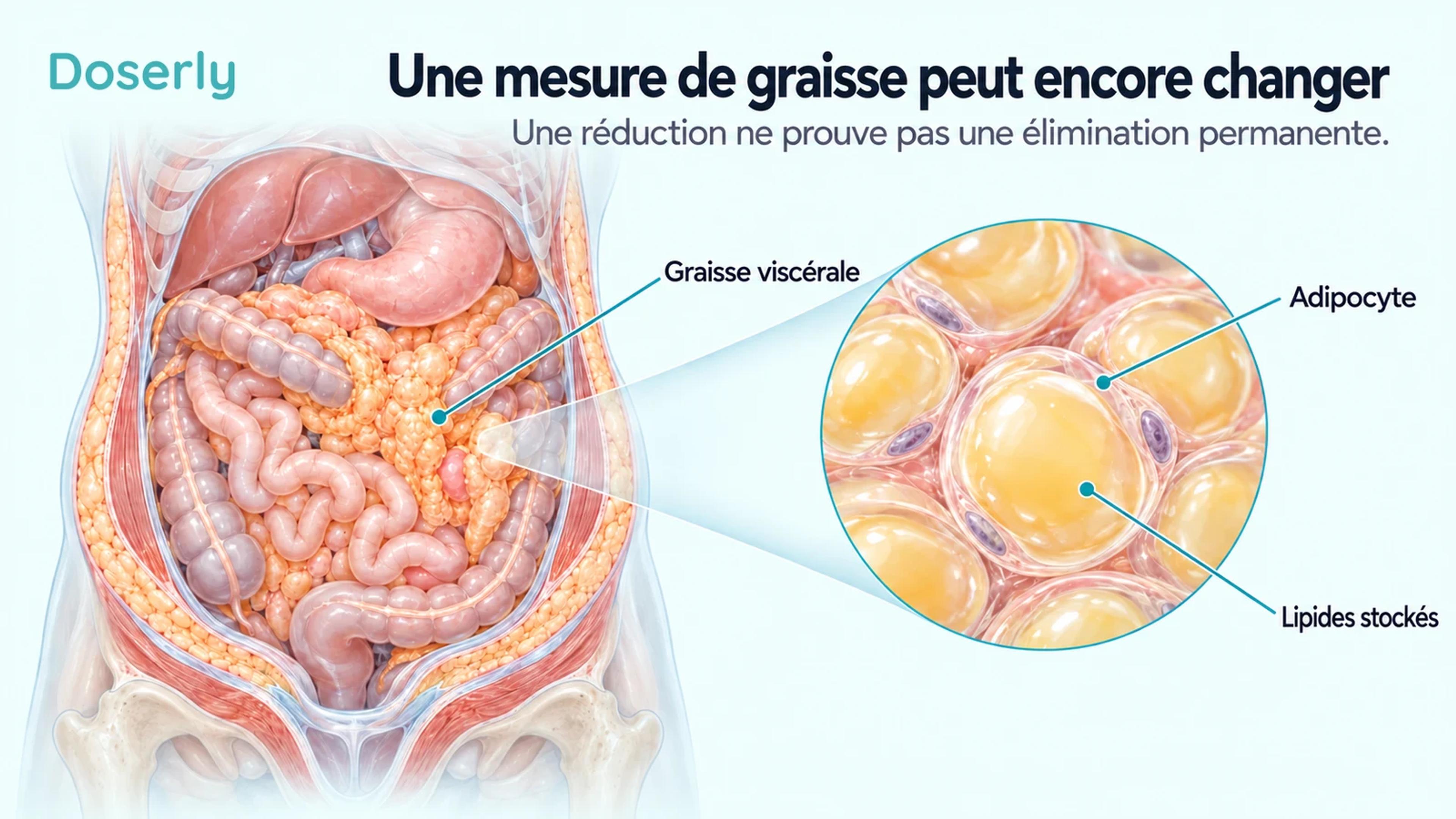 Graisse viscérale abdominale avec une illustration agrandie d’adipocytes intacts et des lipides qu’ils stockent